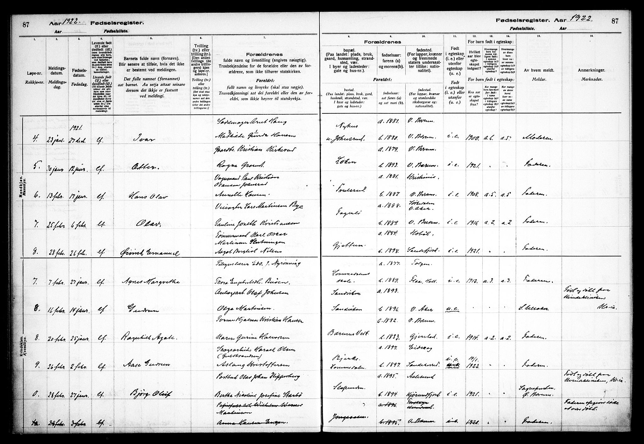 Vestre Bærum prestekontor Kirkebøker, AV/SAO-A-10209a/J/L0001: Fødselsregister nr. 1, 1916-1926, s. 87