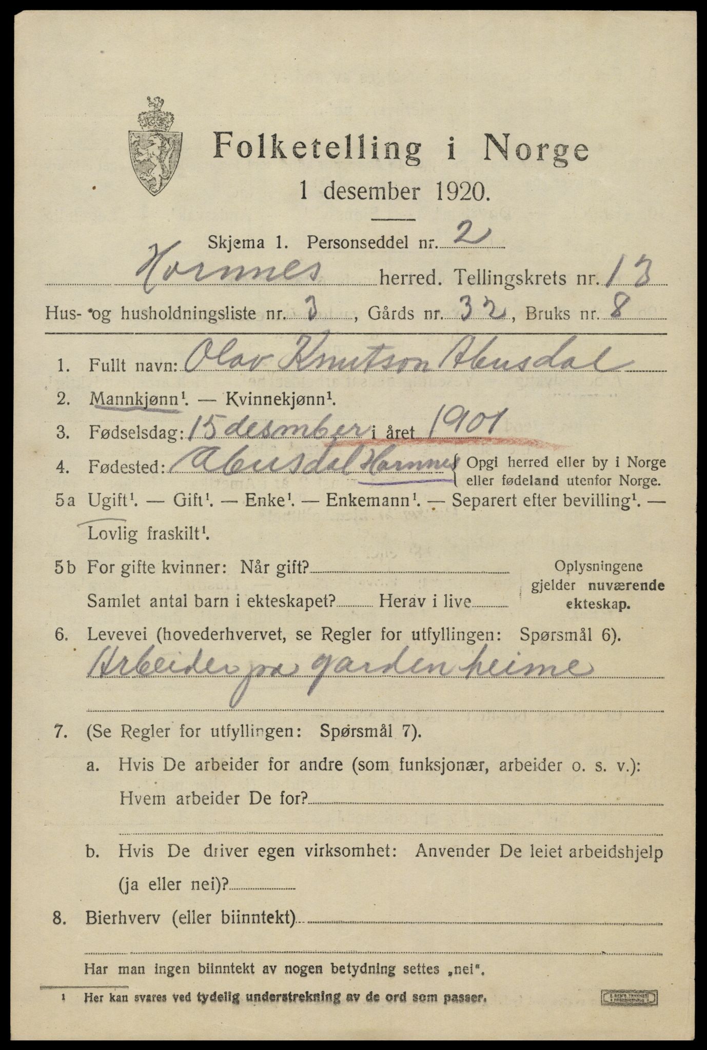SAK, Folketelling 1920 for 0936 Hornnes herred, 1920, s. 3081