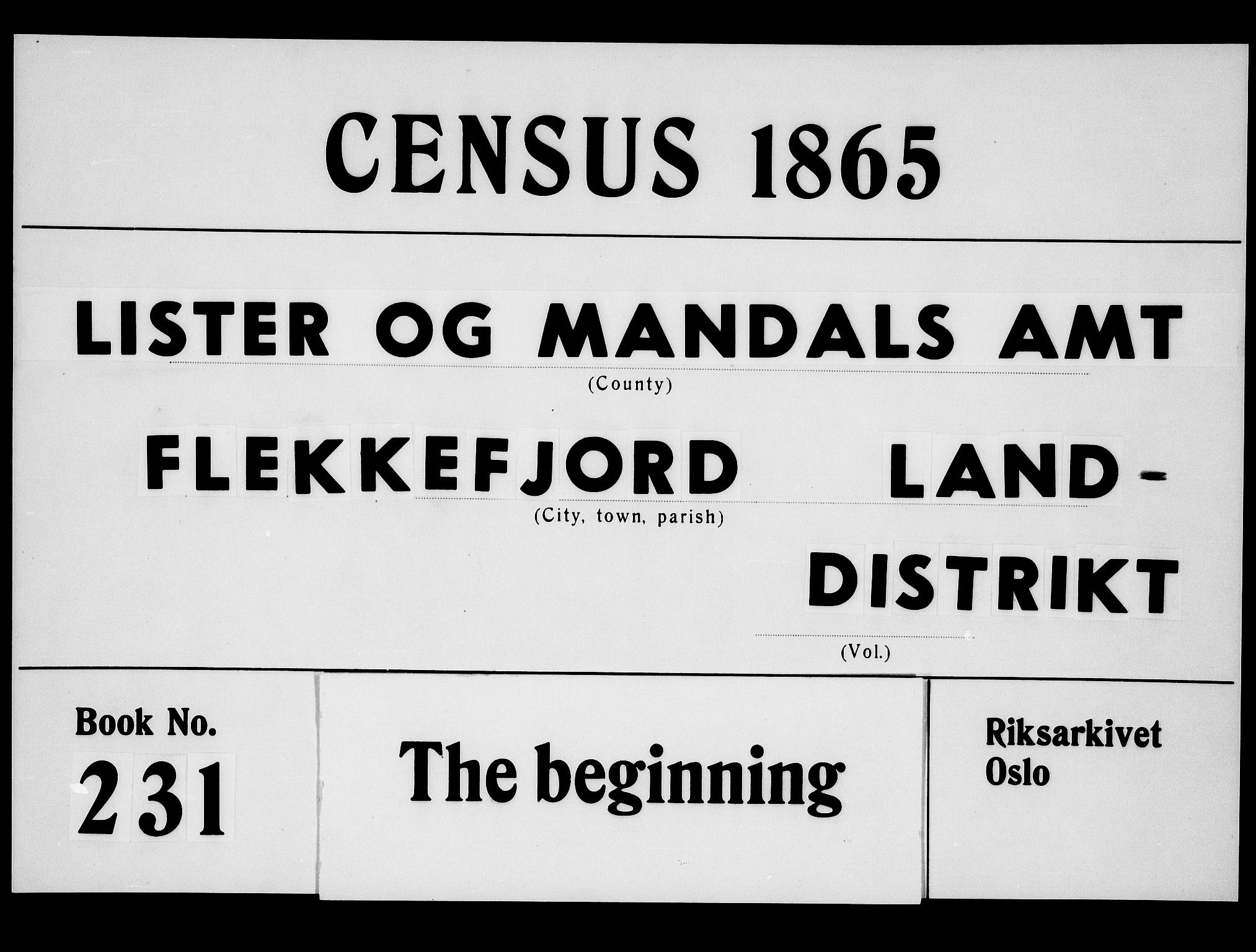 RA, Folketelling 1865 for 1042L Flekkefjord prestegjeld, Nes sokn og Hidra sokn, 1865, s. 1