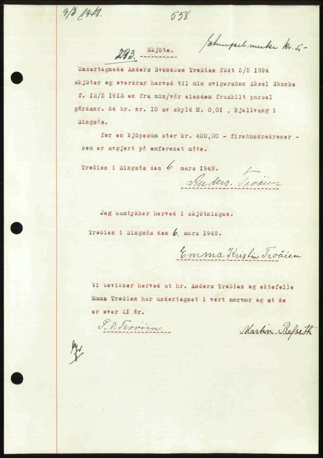 Gauldal sorenskriveri, SAT/A-0014/1/2/2C: Pantebok nr. A5, 1947-1948, Dagboknr: 293/1948