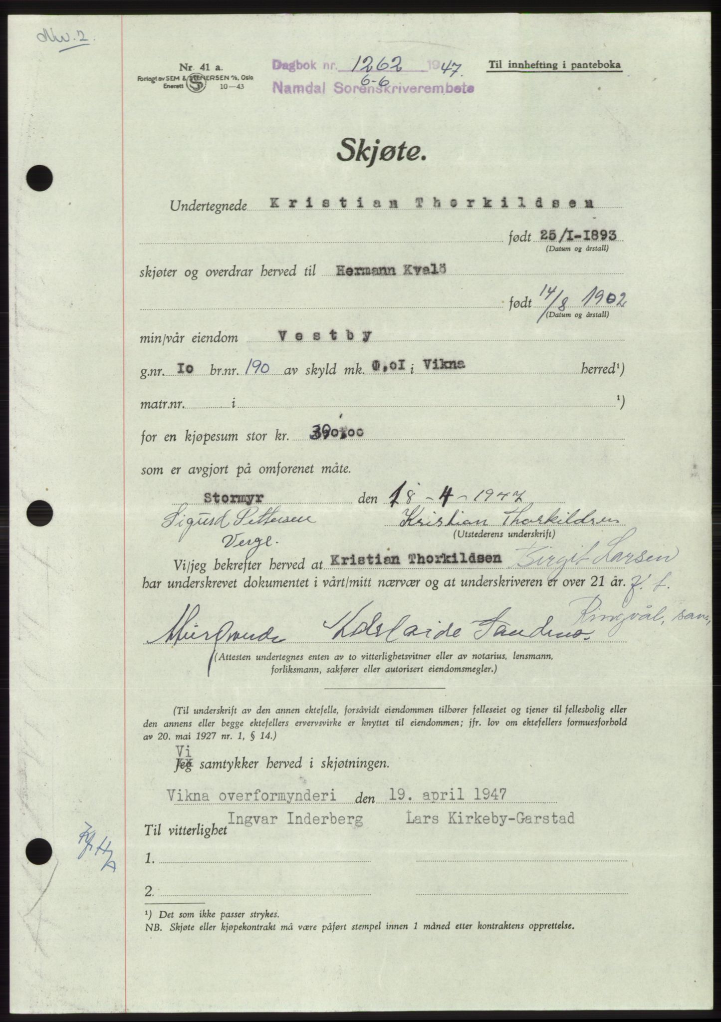 Namdal sorenskriveri, SAT/A-4133/1/2/2C: Pantebok nr. -, 1947-1947, Dagboknr: 1262/1947