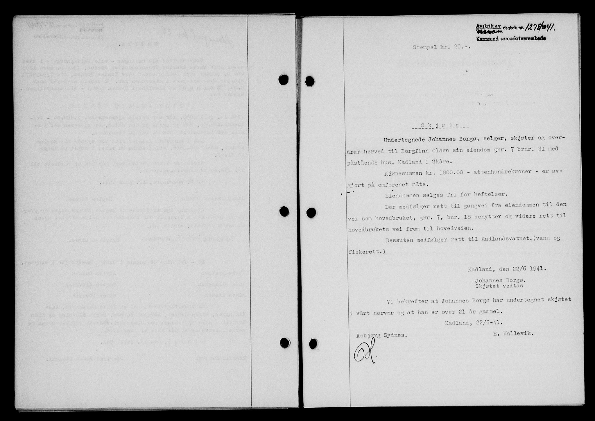 Karmsund sorenskriveri, SAST/A-100311/01/II/IIB/L0075: Pantebok nr. 56A, 1941-1941, Dagboknr: 1278/1941