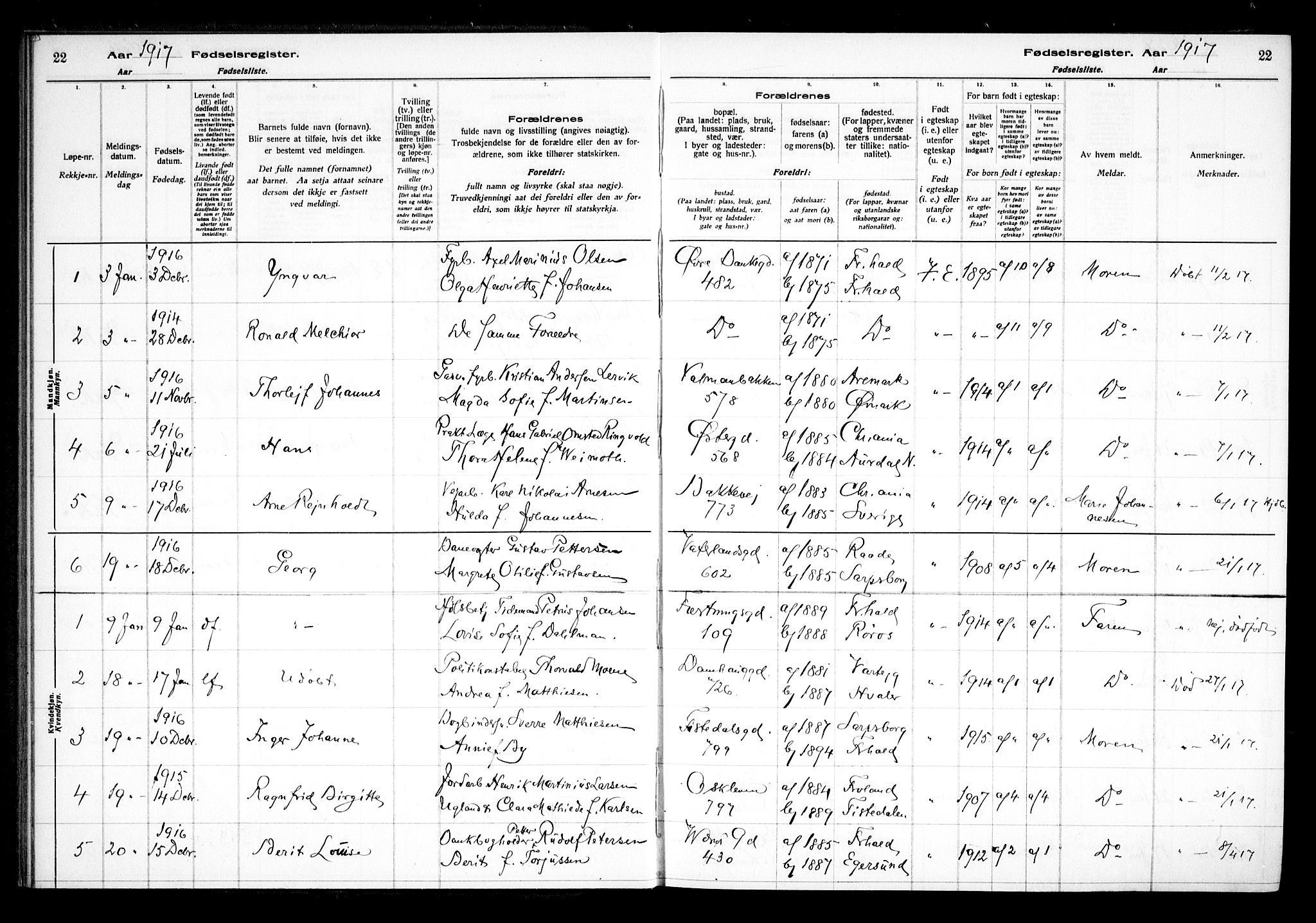 Halden prestekontor Kirkebøker, SAO/A-10909/J/Ja/L0001: Fødselsregister nr. I 1, 1916-1925, s. 22