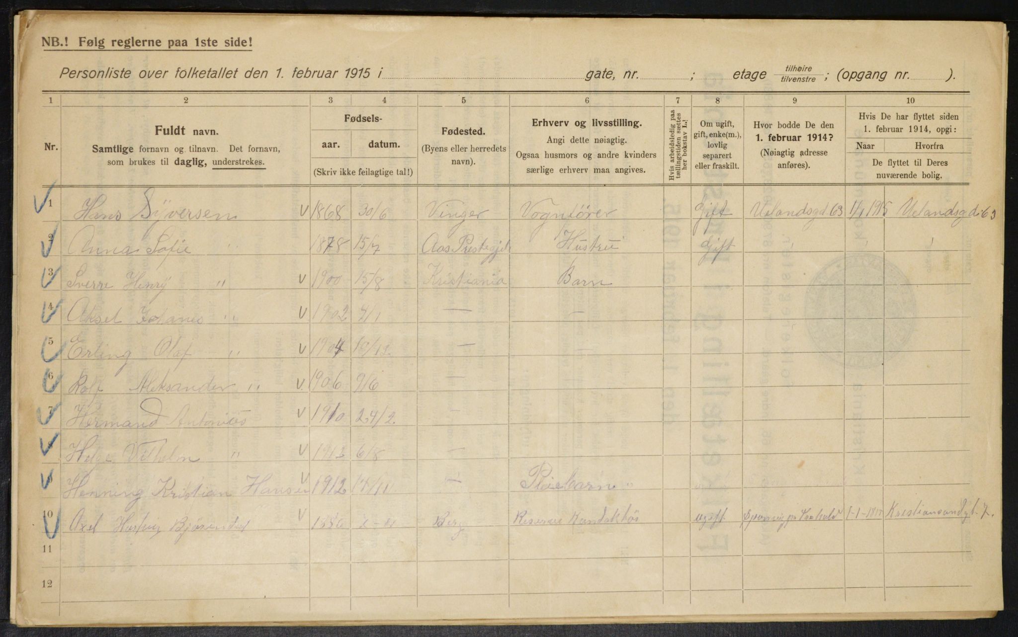 OBA, Kommunal folketelling 1.2.1915 for Kristiania, 1915, s. 64807