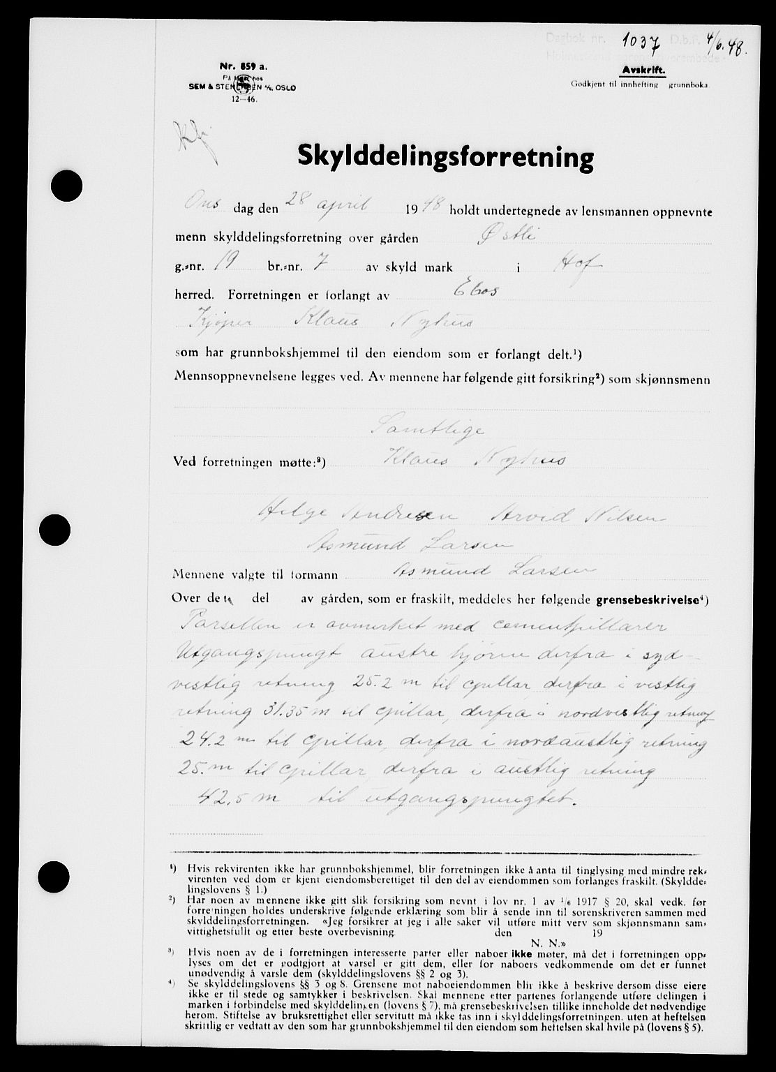Holmestrand sorenskriveri, SAKO/A-67/G/Ga/Gaa/L0064: Pantebok nr. A-64, 1948-1948, Dagboknr: 1037/1948