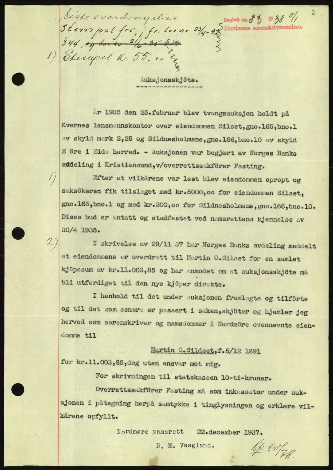 Nordmøre sorenskriveri, SAT/A-4132/1/2/2Ca: Pantebok nr. A83, 1938-1938, Dagboknr: 83/1938