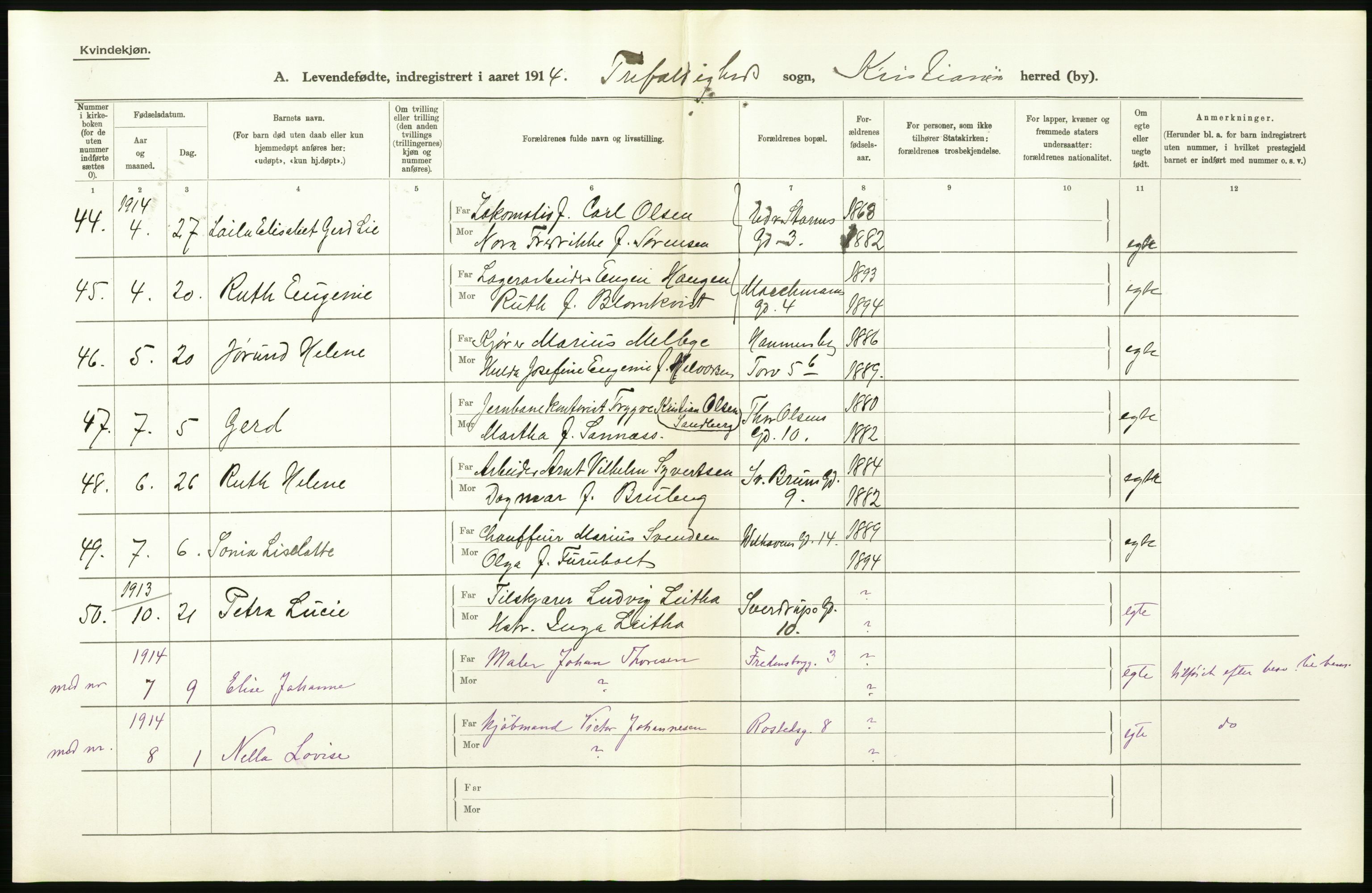 Statistisk sentralbyrå, Sosiodemografiske emner, Befolkning, AV/RA-S-2228/D/Df/Dfb/Dfbd/L0006: Kristiania: Levendefødte menn og kvinner., 1914, s. 242