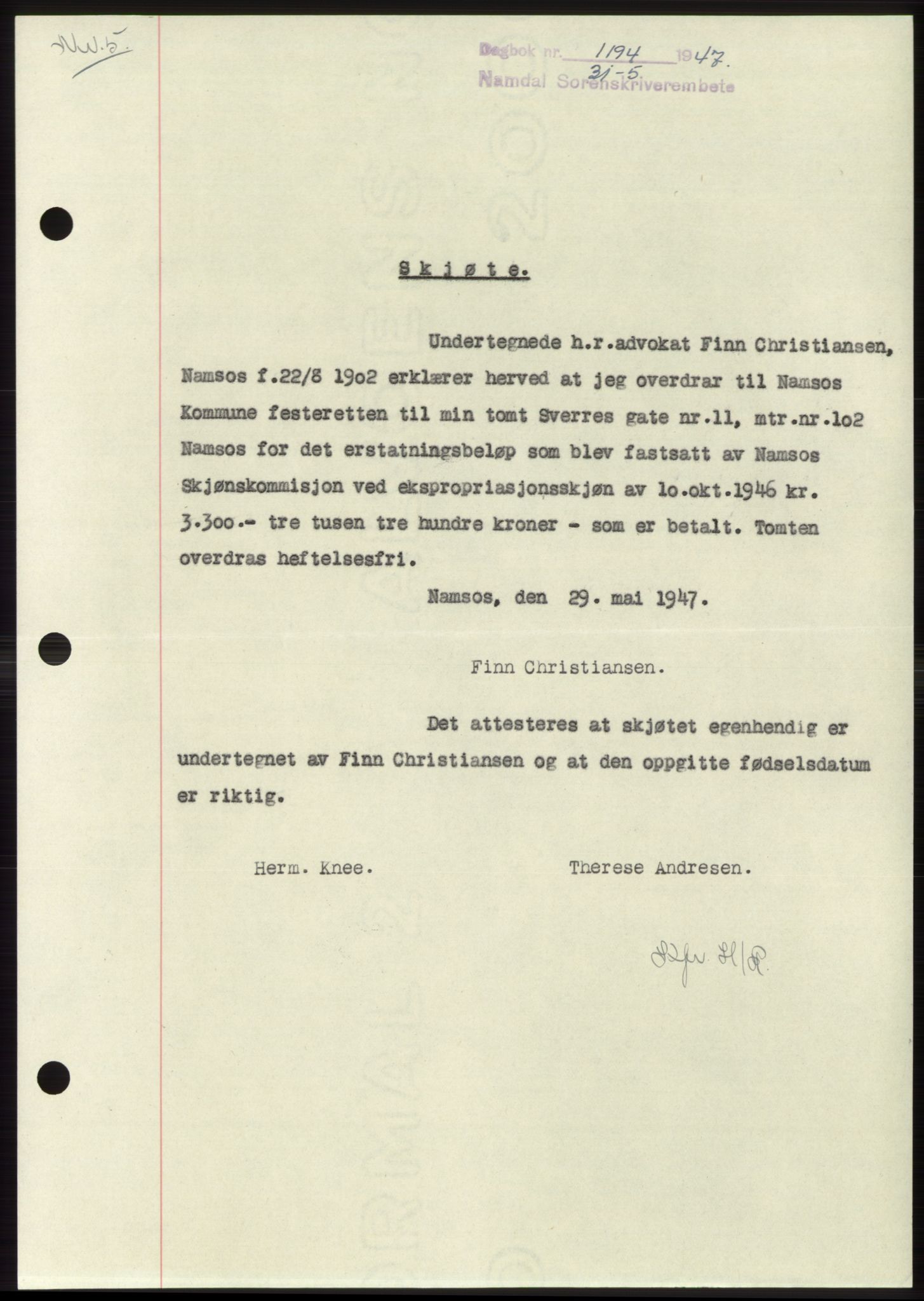 Namdal sorenskriveri, SAT/A-4133/1/2/2C: Pantebok nr. -, 1947-1947, Dagboknr: 1194/1947