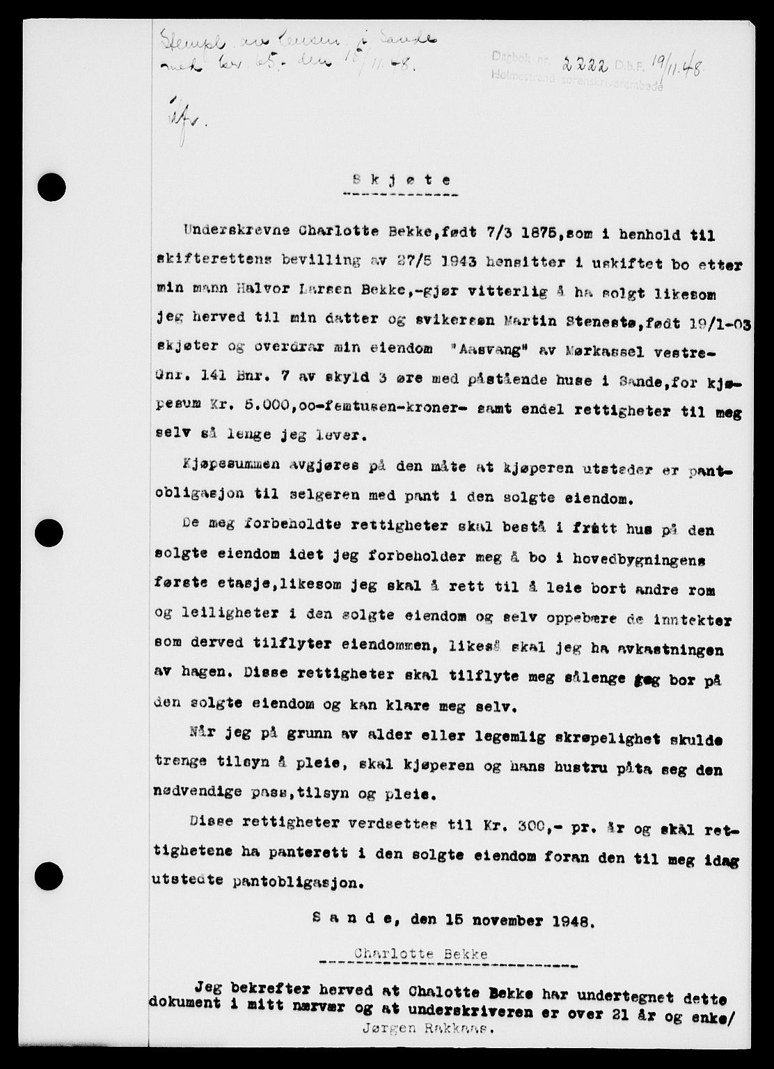 Holmestrand sorenskriveri, SAKO/A-67/G/Ga/Gaa/L0065: Pantebok nr. A-65, 1948-1949, Dagboknr: 2222/1948