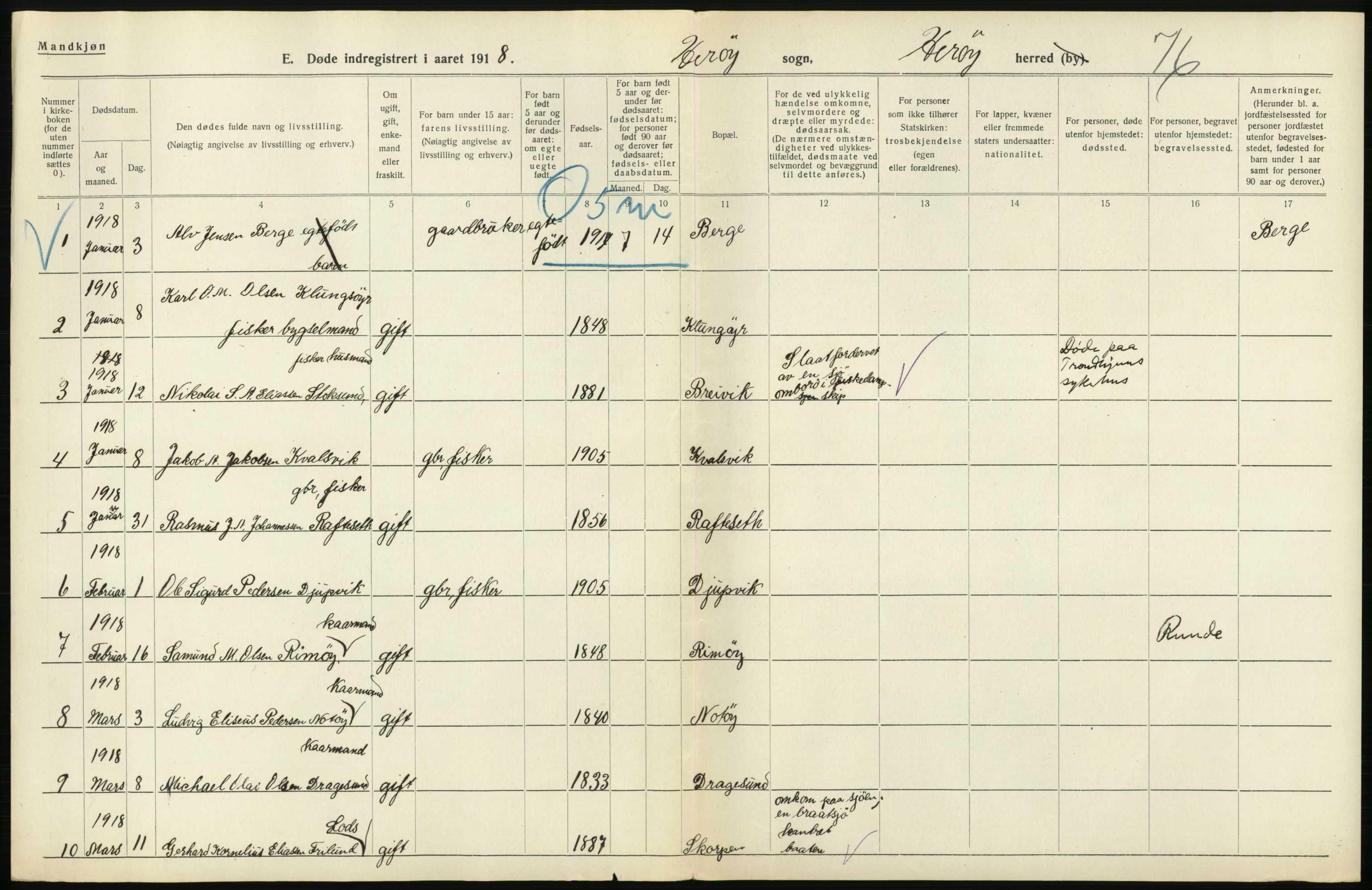 Statistisk sentralbyrå, Sosiodemografiske emner, Befolkning, AV/RA-S-2228/D/Df/Dfb/Dfbh/L0045: Møre fylke: Døde. Bygder og byer., 1918, s. 300