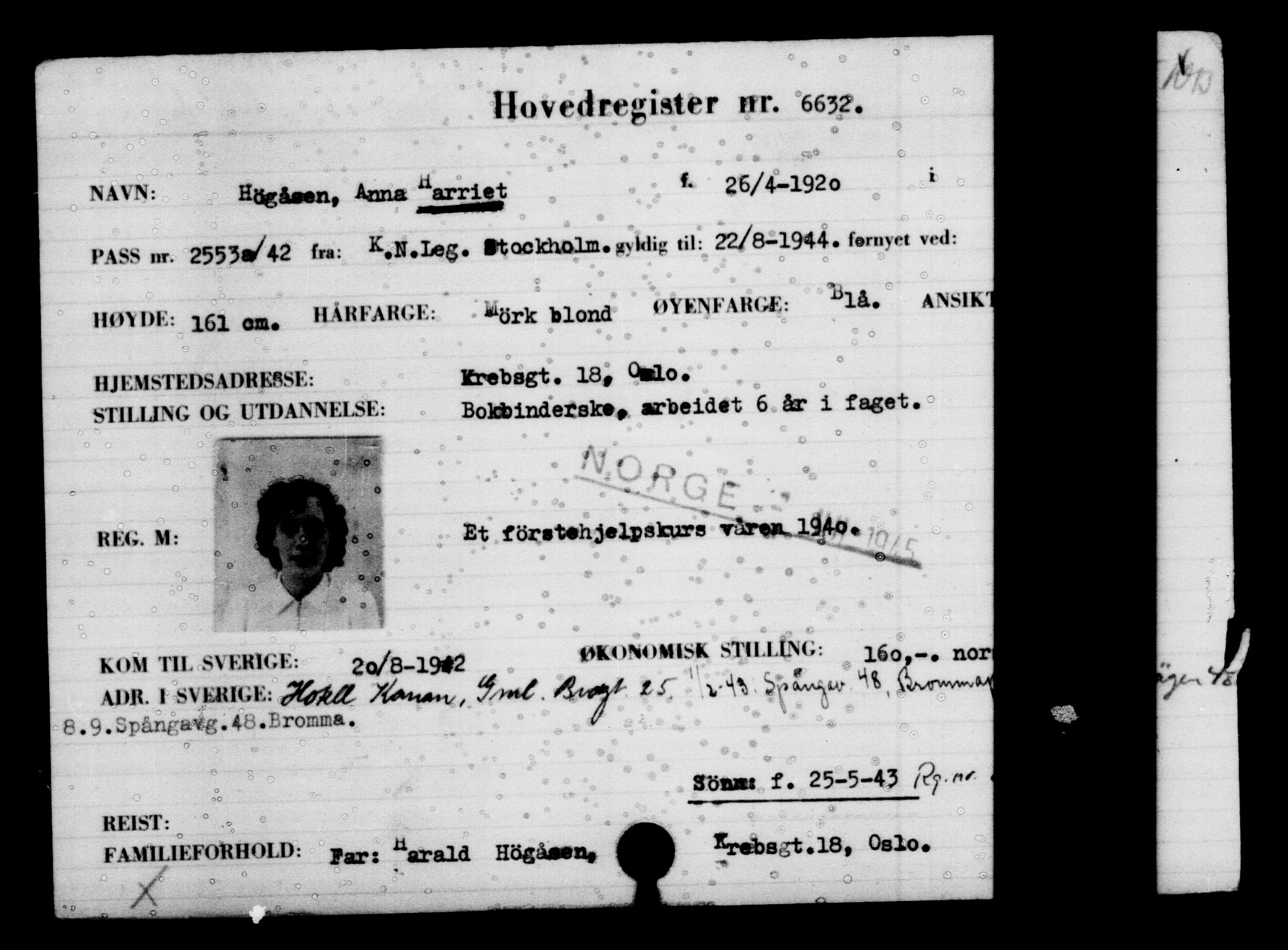 Utenriksstasjonene, Legasjonen i Stockholm, Flyktningkontoret, AV/RA-S-6753/V/Va/L0005: Kjesäterkartoteket, flyktning nr. 6600-9417, 1940-1945, s. 43