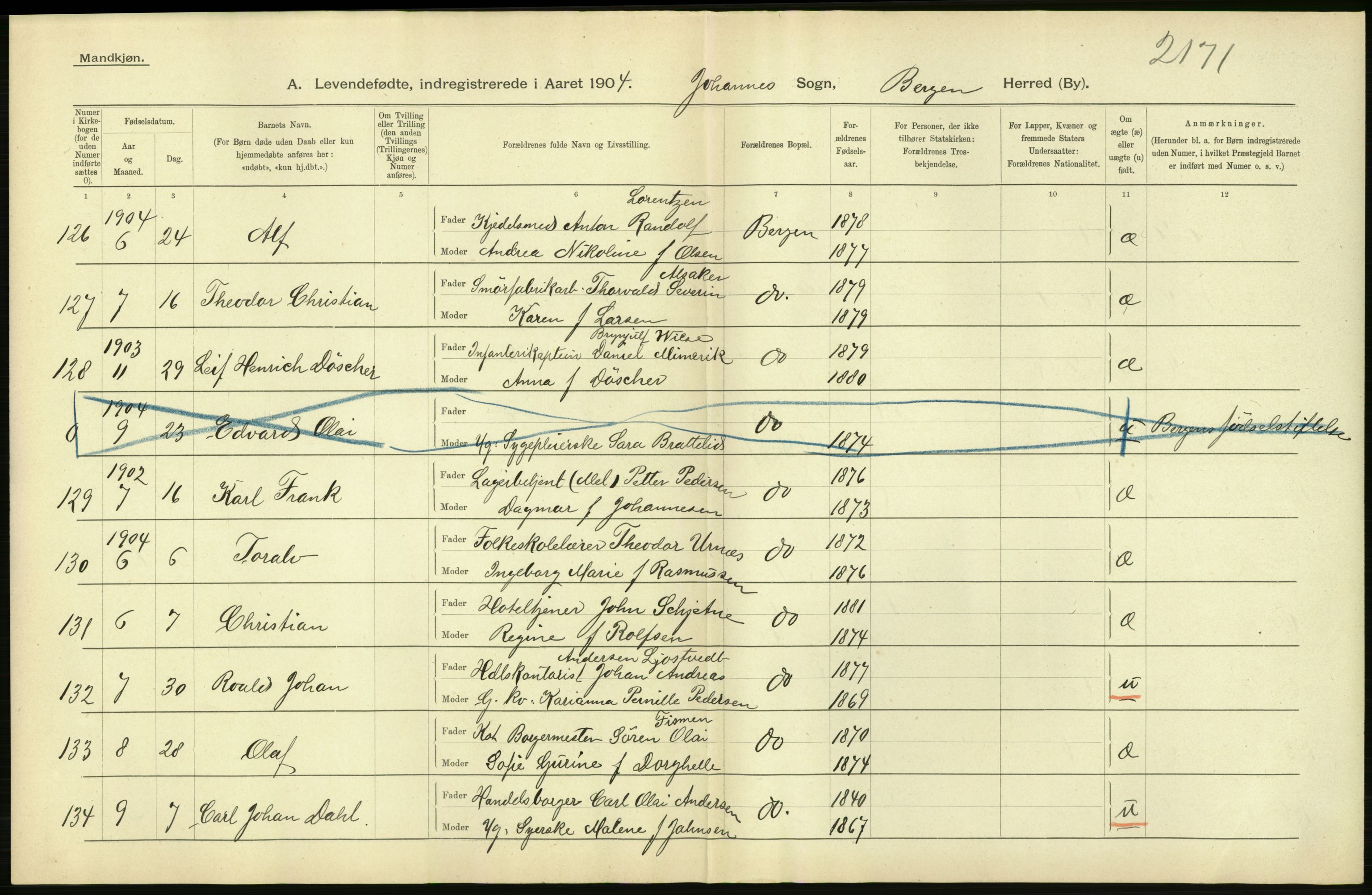 Statistisk sentralbyrå, Sosiodemografiske emner, Befolkning, AV/RA-S-2228/D/Df/Dfa/Dfab/L0014: Bergen: Fødte, gifte, døde, 1904, s. 16