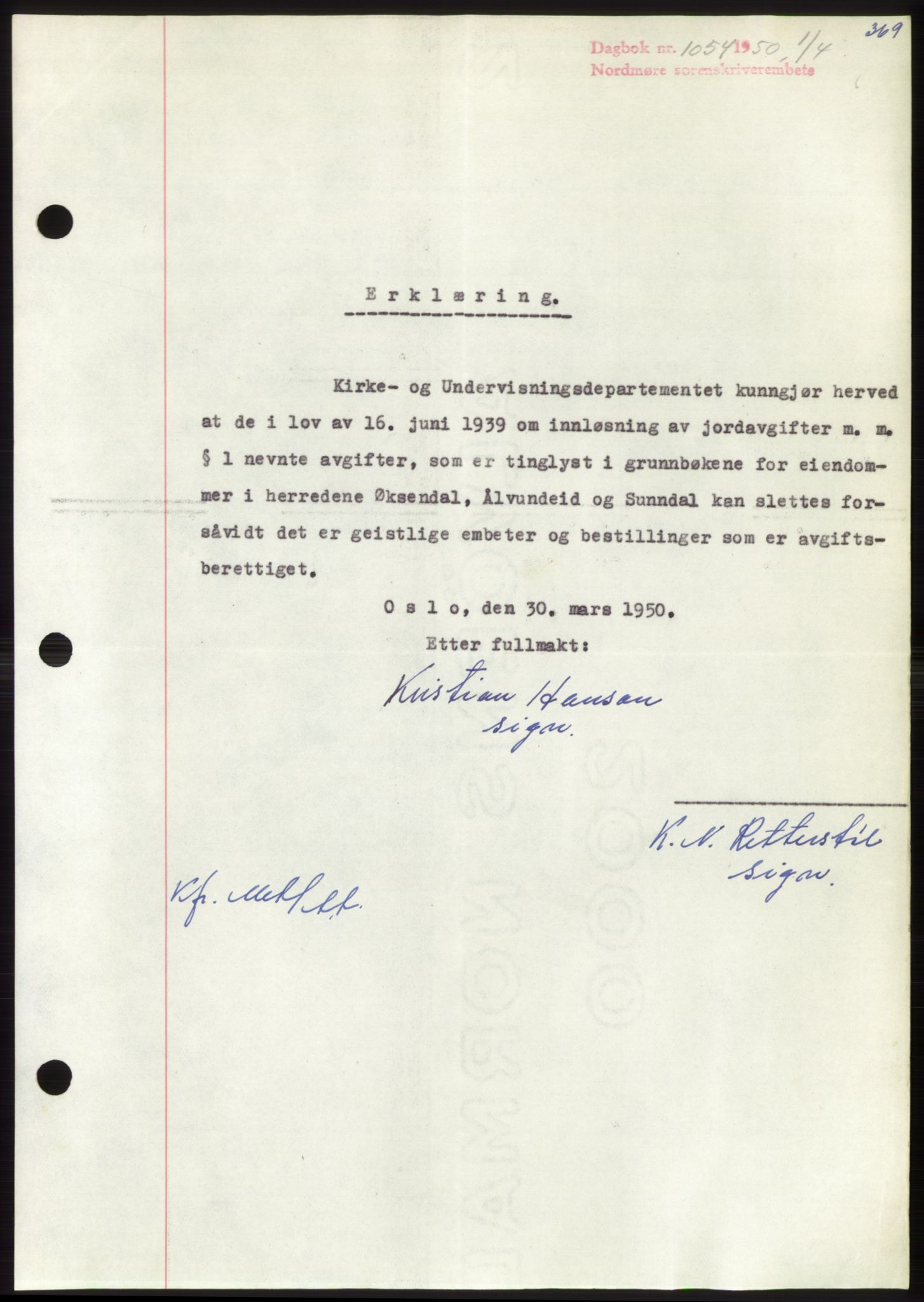 Nordmøre sorenskriveri, SAT/A-4132/1/2/2Ca: Pantebok nr. B104, 1950-1950, Dagboknr: 1054/1950