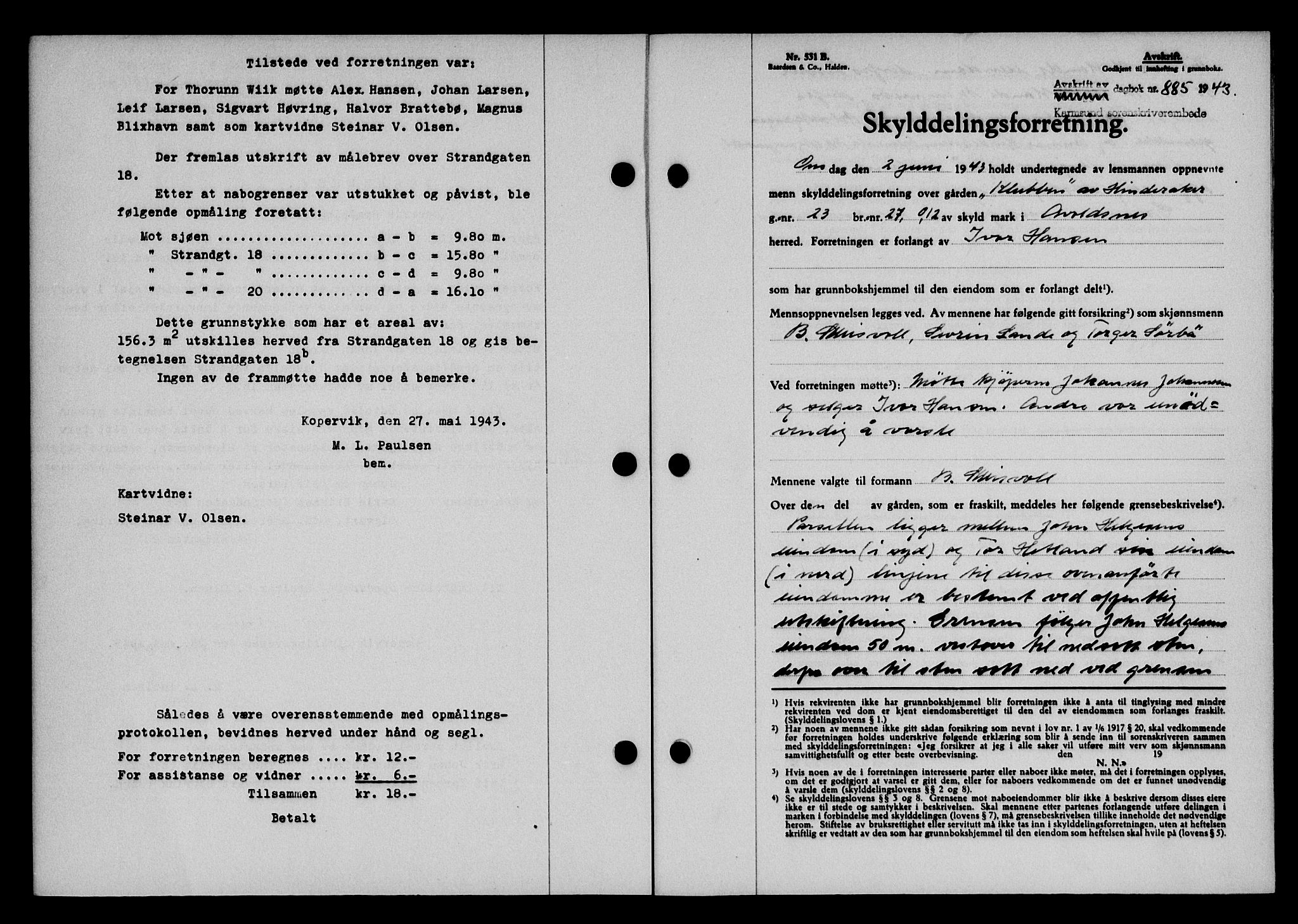 Karmsund sorenskriveri, SAST/A-100311/01/II/IIB/L0079: Pantebok nr. 60A, 1942-1943, Dagboknr: 885/1943