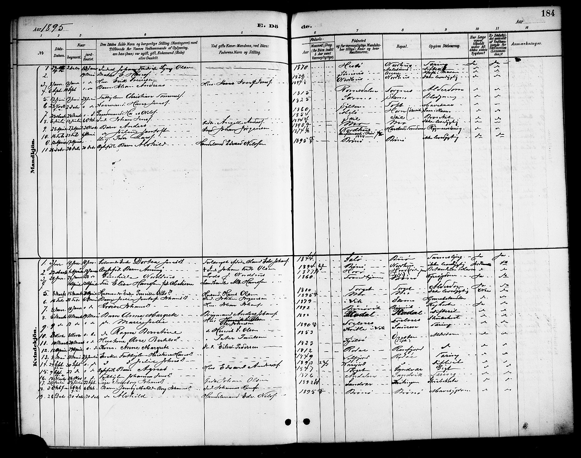 Ministerialprotokoller, klokkerbøker og fødselsregistre - Nordland, SAT/A-1459/813/L0213: Klokkerbok nr. 813C05, 1887-1903, s. 184