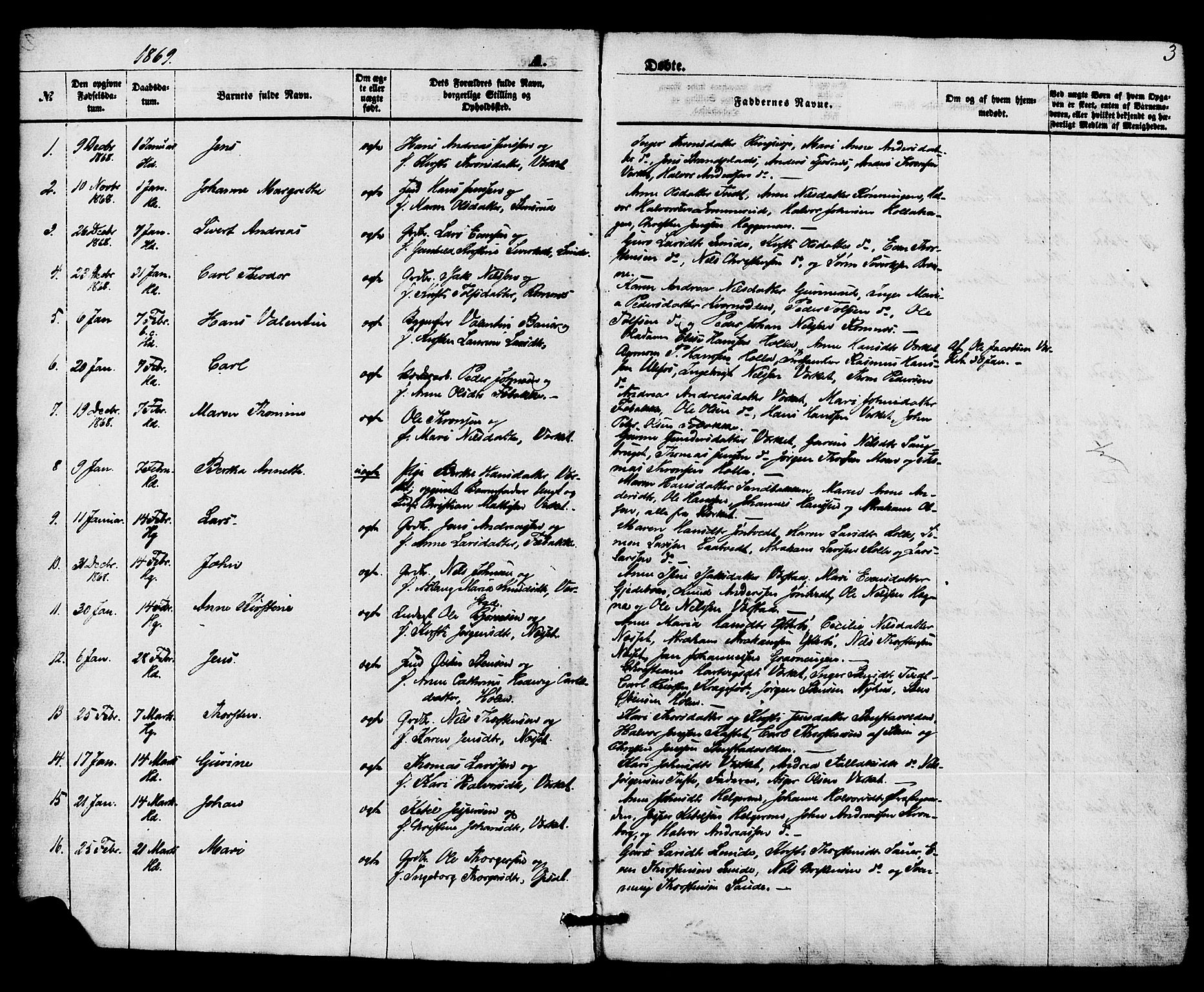 Holla kirkebøker, AV/SAKO-A-272/F/Fa/L0007: Ministerialbok nr. 7, 1869-1881, s. 3