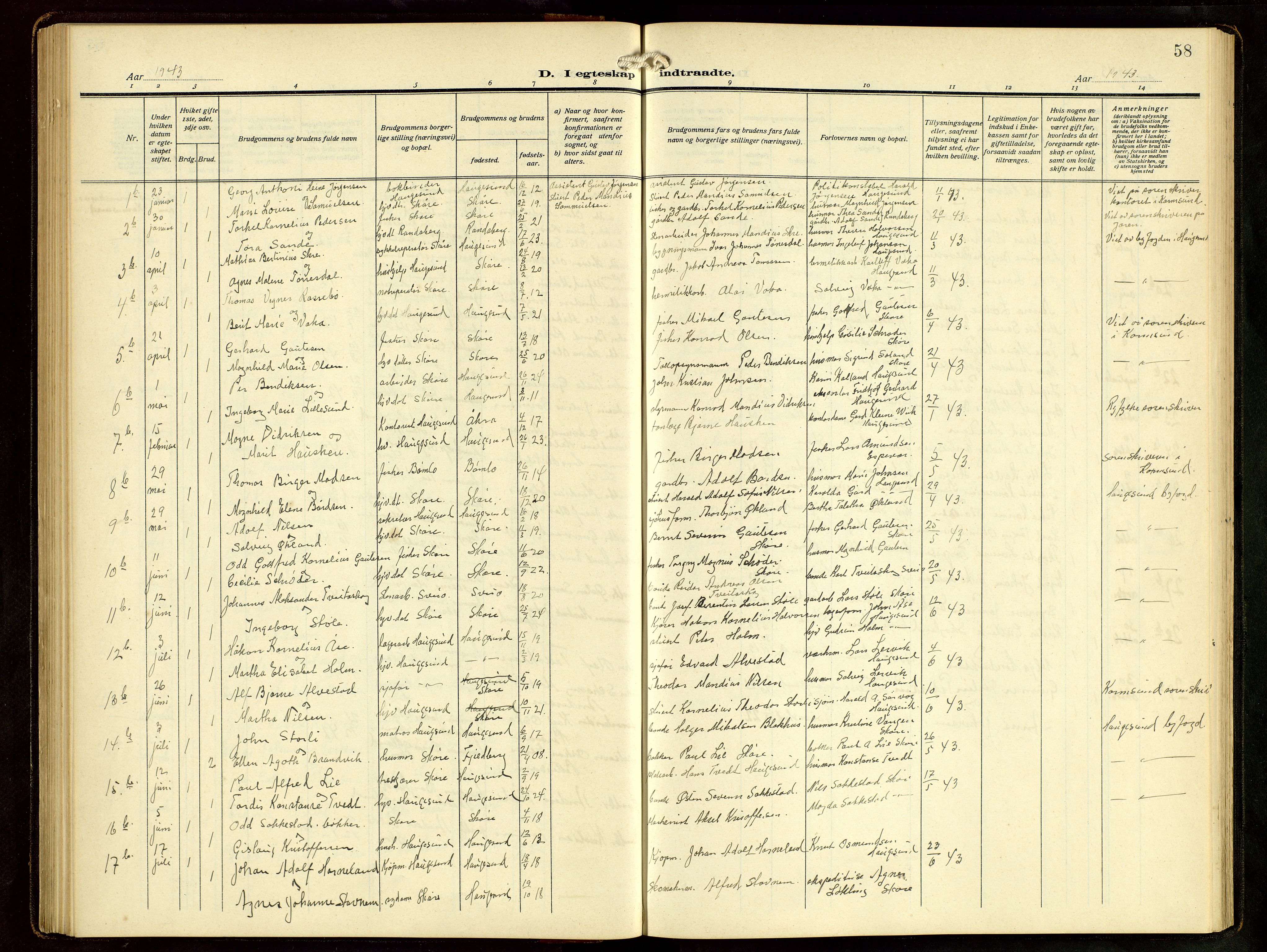 Haugesund sokneprestkontor, AV/SAST-A -101863/H/Ha/Hab/L0006: Klokkerbok nr. B 9, 1909-1951, s. 58