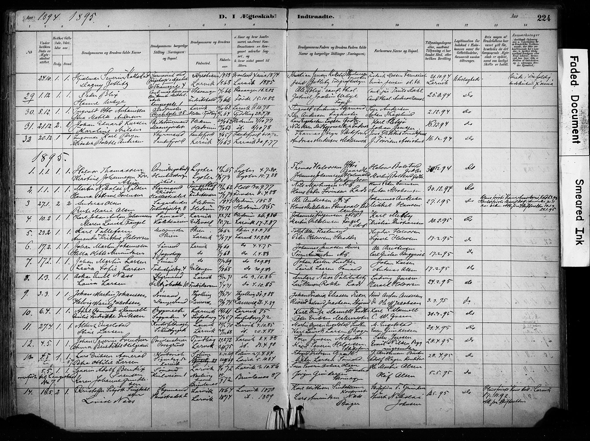 Larvik kirkebøker, AV/SAKO-A-352/F/Fa/L0008: Ministerialbok nr. I 8, 1884-1902, s. 224