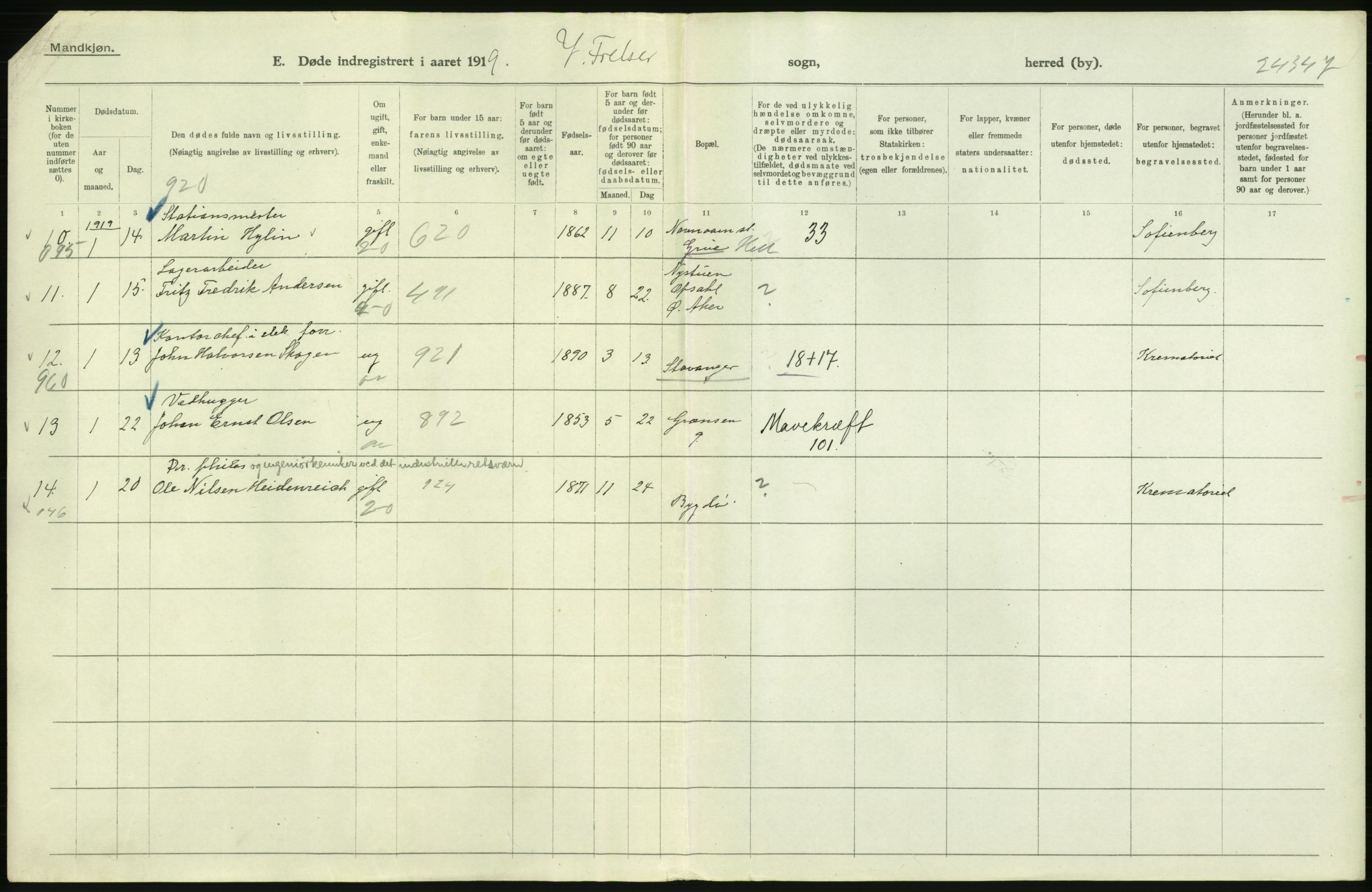 Statistisk sentralbyrå, Sosiodemografiske emner, Befolkning, AV/RA-S-2228/D/Df/Dfb/Dfbi/L0011: Kristiania: Døde, dødfødte, 1919