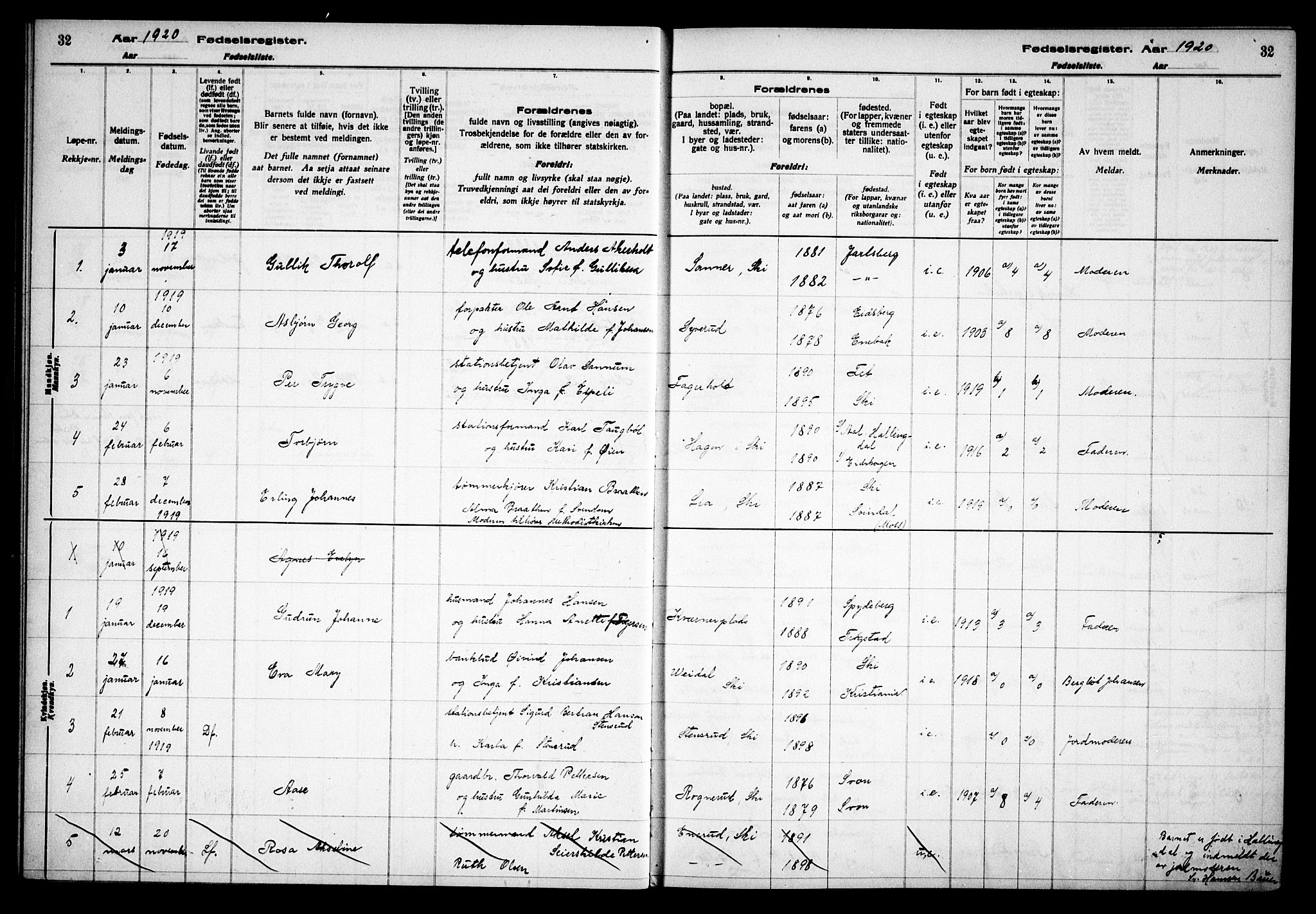Kråkstad prestekontor Kirkebøker, AV/SAO-A-10125a/J/Jb/L0001: Fødselsregister nr. II 1, 1916-1936, s. 32