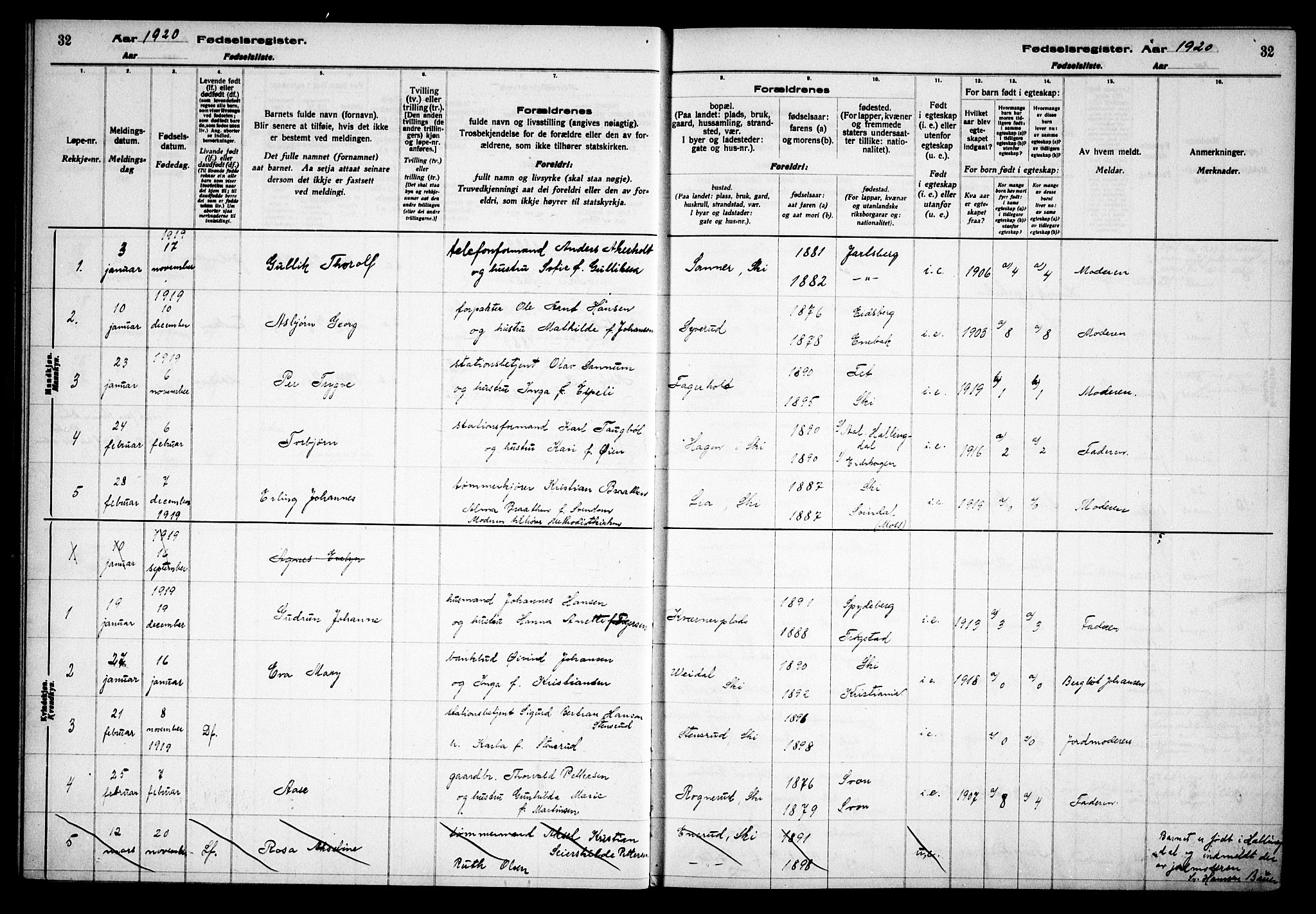 Kråkstad prestekontor Kirkebøker, SAO/A-10125a/J/Jb/L0001: Fødselsregister nr. II 1, 1916-1936, s. 32