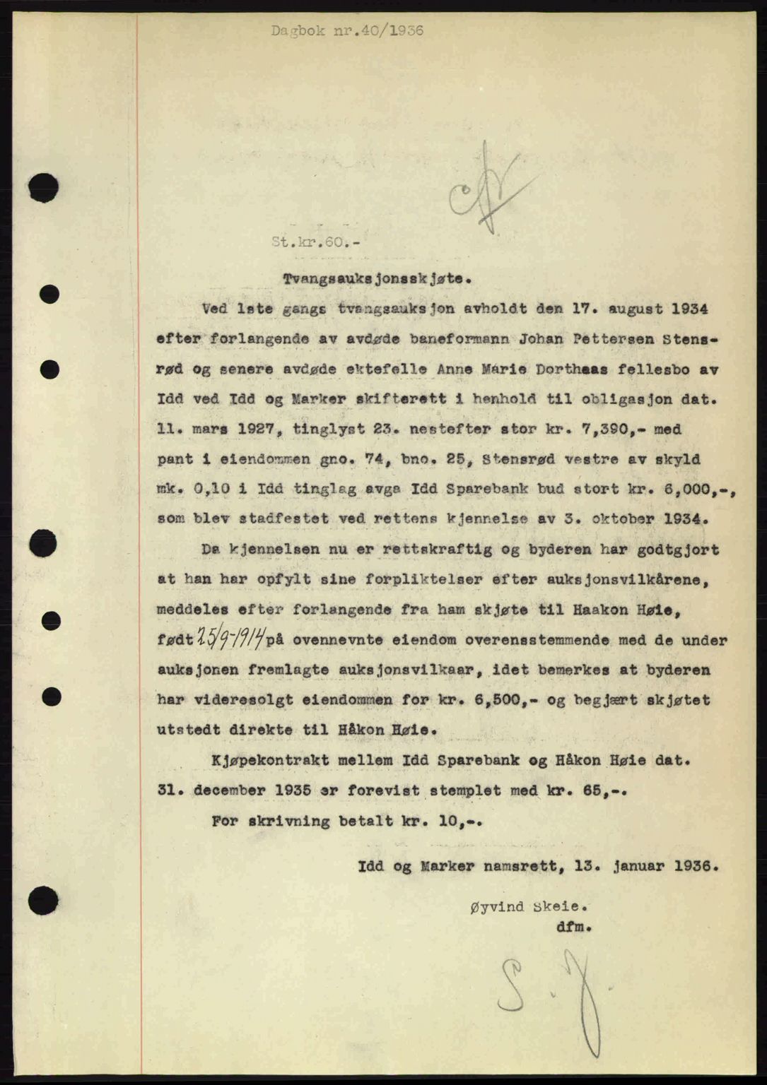 Idd og Marker sorenskriveri, AV/SAO-A-10283/G/Gb/Gbb/L0001: Pantebok nr. A1, 1936-1937, Dagboknr: 40/1936
