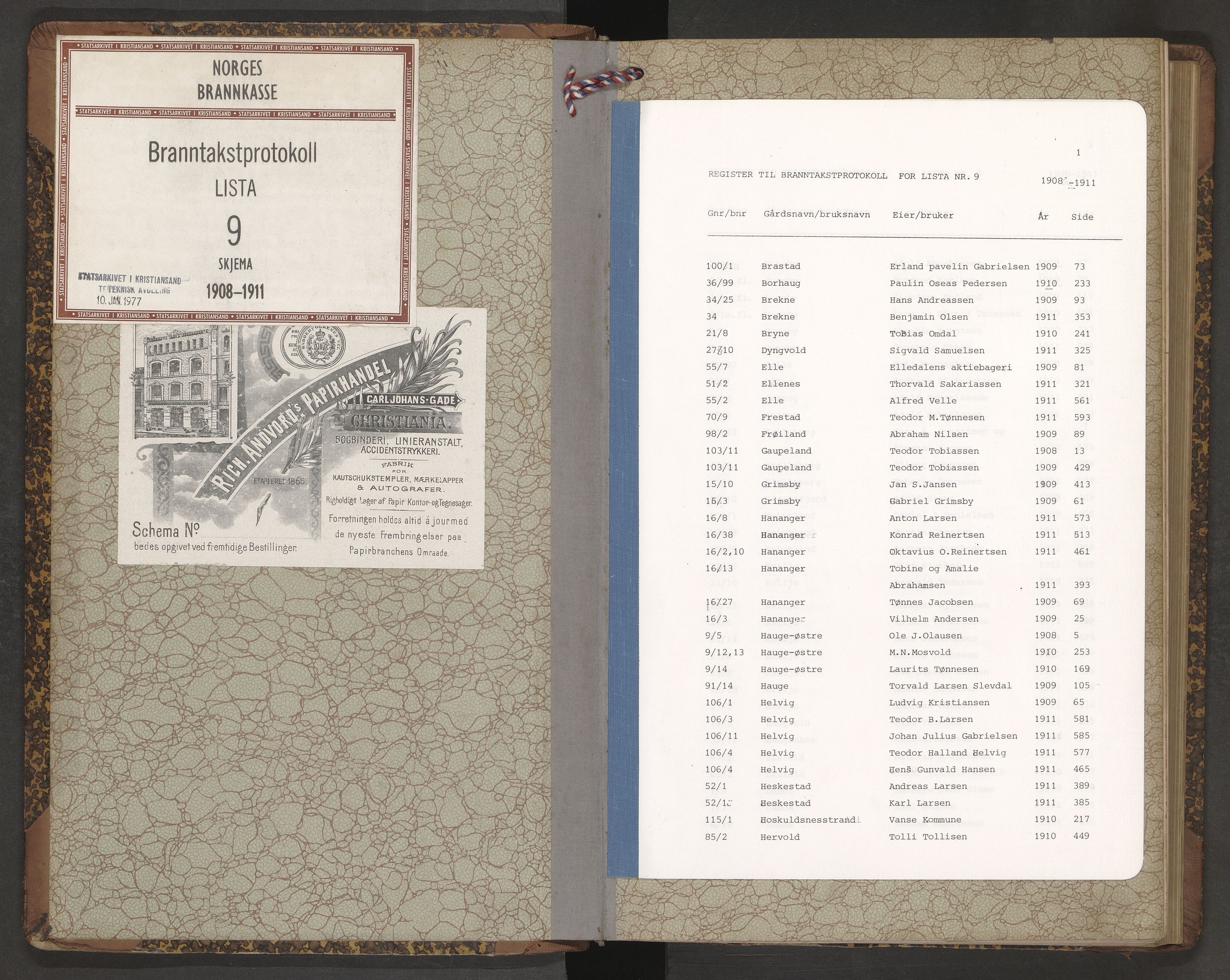 Norges Brannkasse Lista, AV/SAK-2241-0035/F/Fa/L0009: Branntakstprotokoll nr. 9 med gårdsnavnregister, 1908-1911