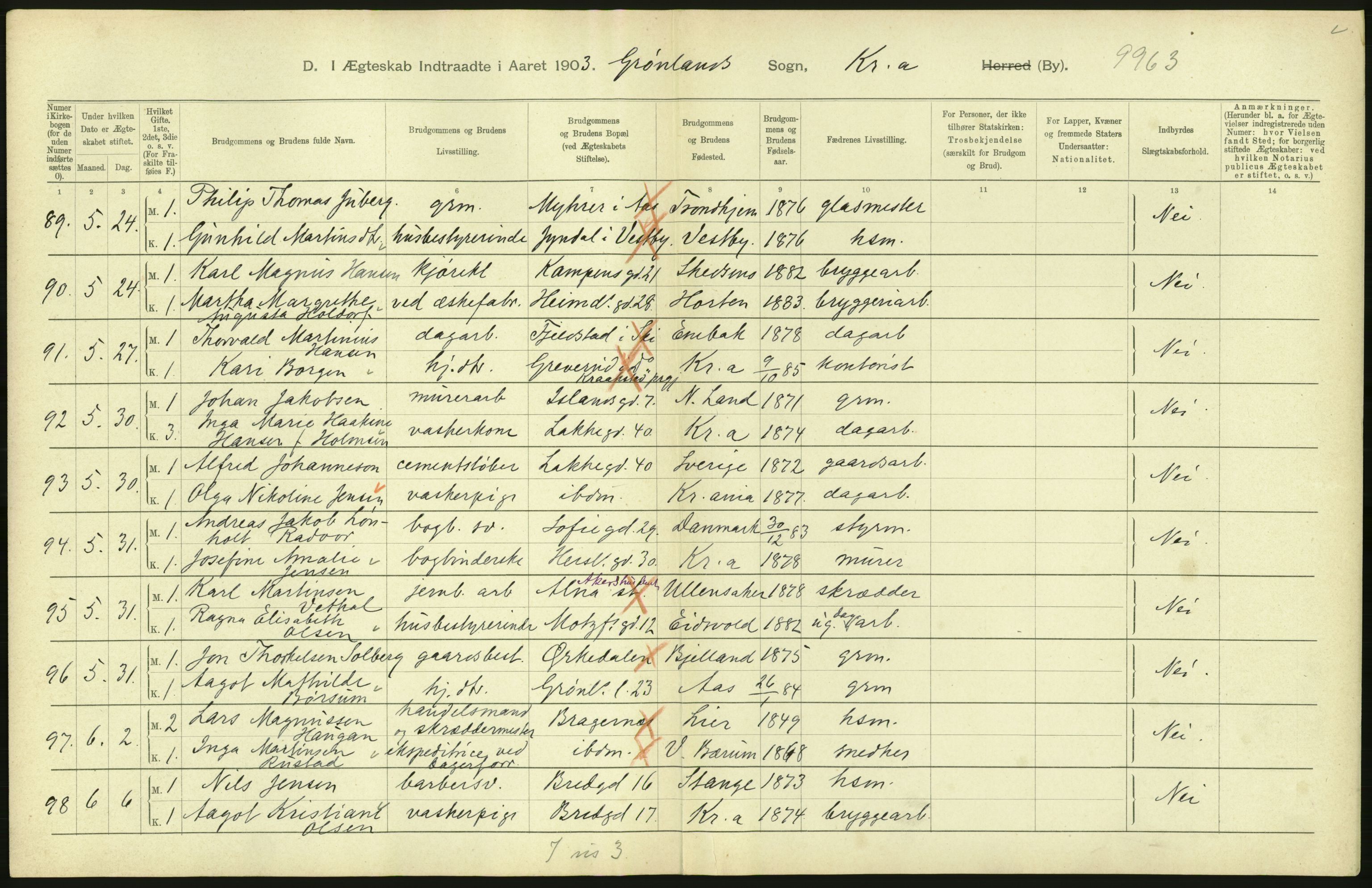 Statistisk sentralbyrå, Sosiodemografiske emner, Befolkning, AV/RA-S-2228/D/Df/Dfa/Dfaa/L0004: Kristiania: Gifte, døde, 1903, s. 452