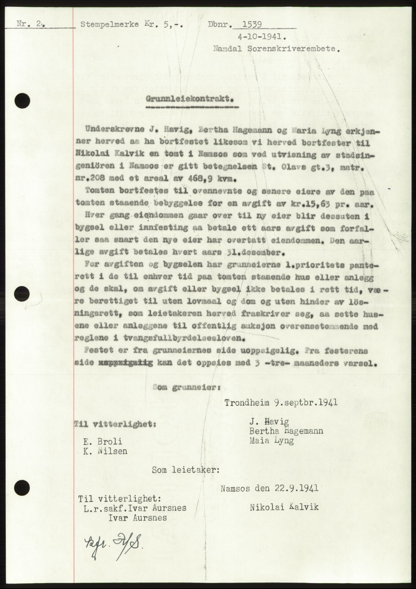 Namdal sorenskriveri, SAT/A-4133/1/2/2C: Pantebok nr. -, 1941-1942, Dagboknr: 1539/1941