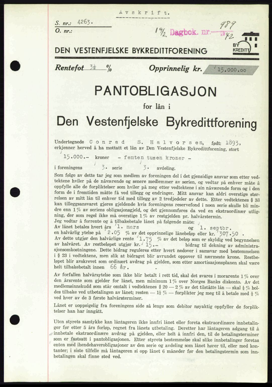 Byfogd og Byskriver i Bergen, SAB/A-3401/03/03Bd/L0001: Pantebok nr. B1-25, 1936-1945, Dagboknr: 989/1942