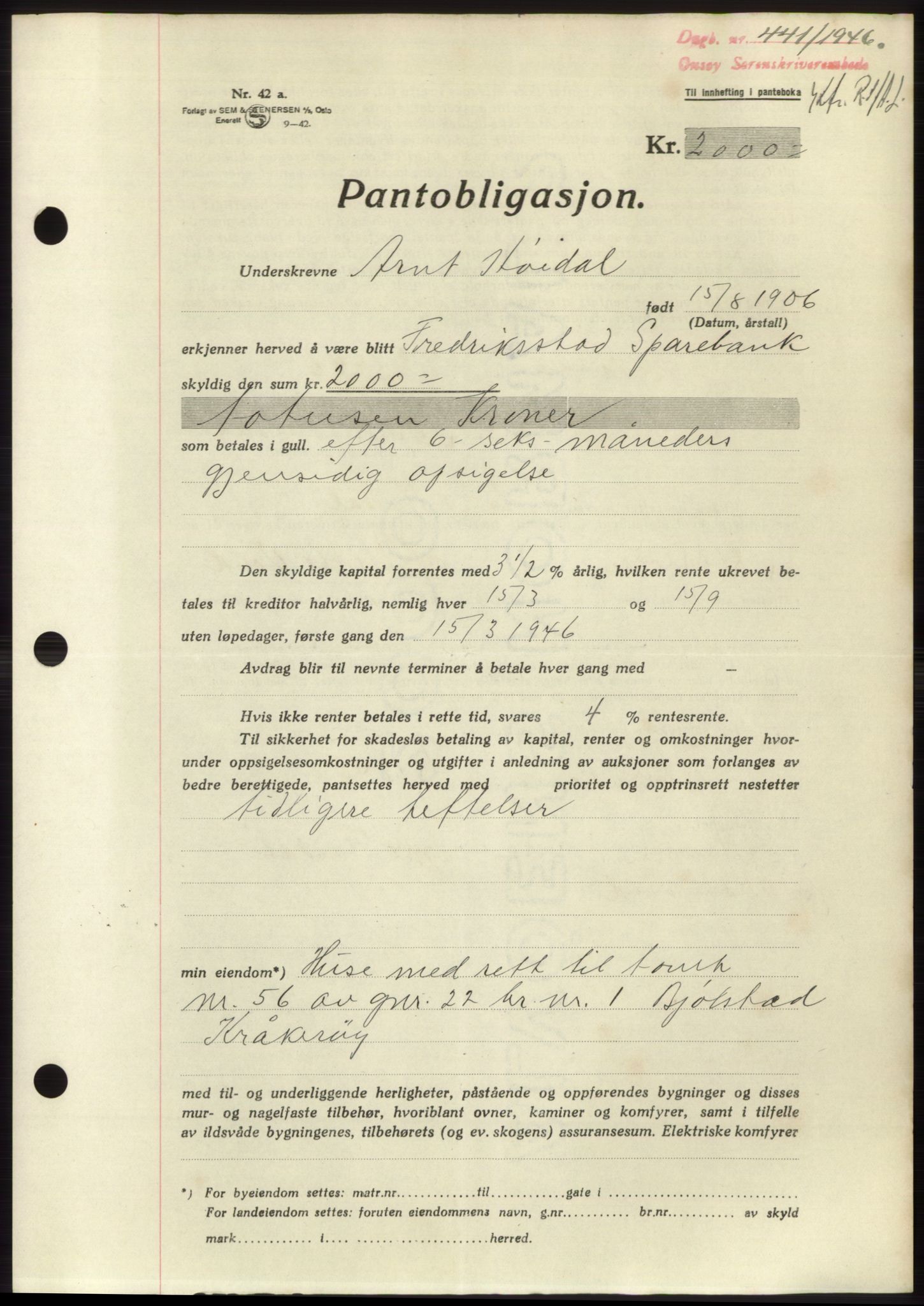 Onsøy sorenskriveri, SAO/A-10474/G/Ga/Gac/L0004: Pantebok nr. B4, 1944-1946, Dagboknr: 441/1946