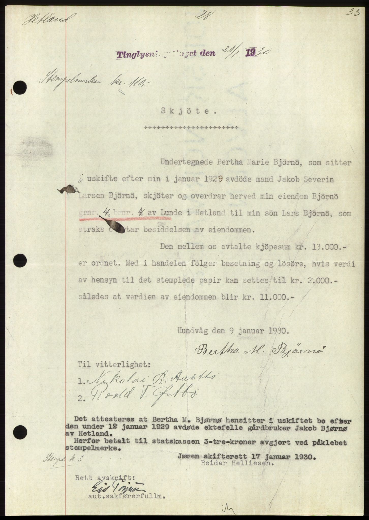 Jæren sorenskriveri, SAST/A-100310/03/G/Gba/L0057: Pantebok nr. 52, 1930-1930, Tingl.dato: 21.01.1930