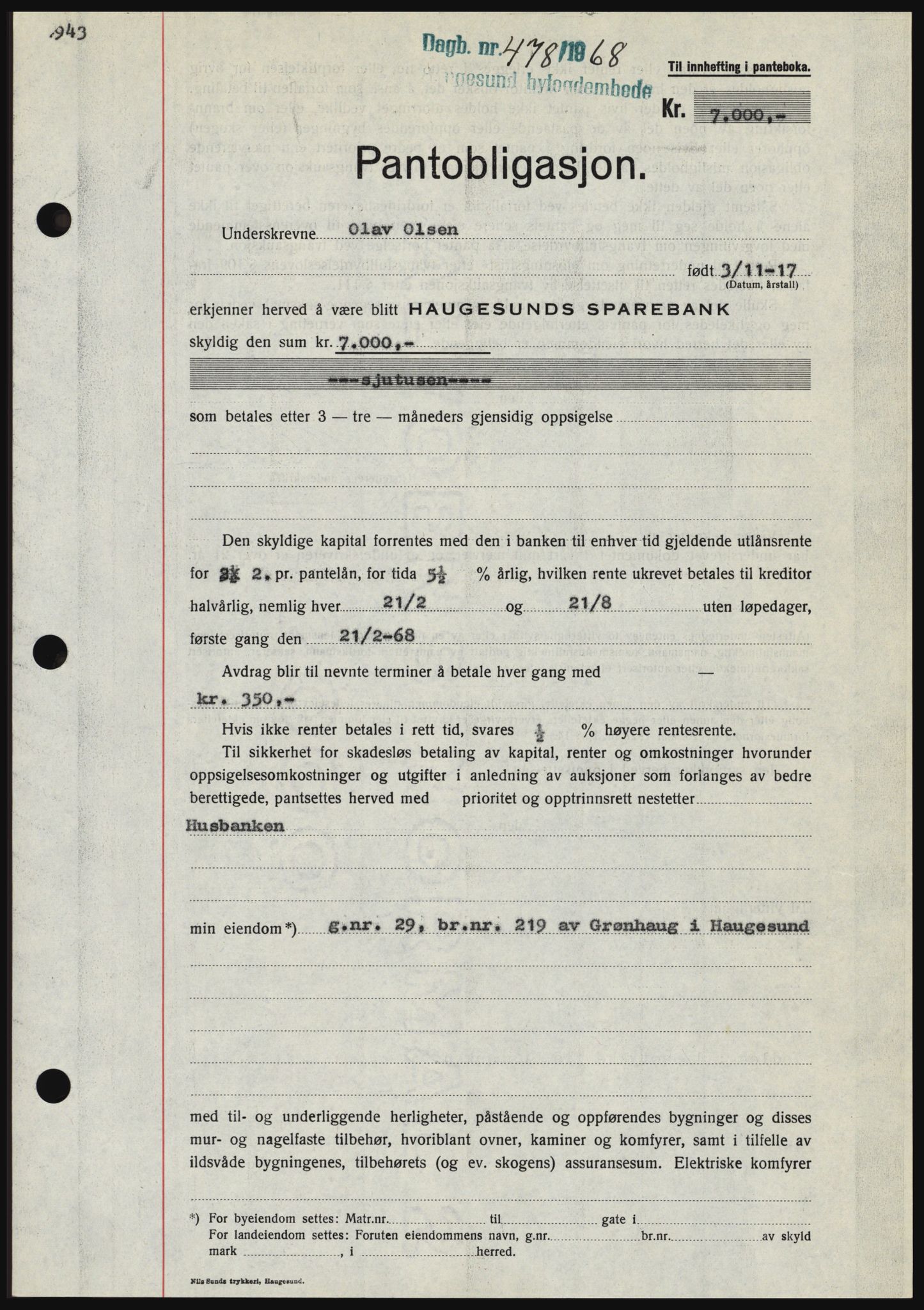 Haugesund tingrett, SAST/A-101415/01/II/IIC/L0058: Pantebok nr. B 58, 1967-1968, Dagboknr: 478/1968