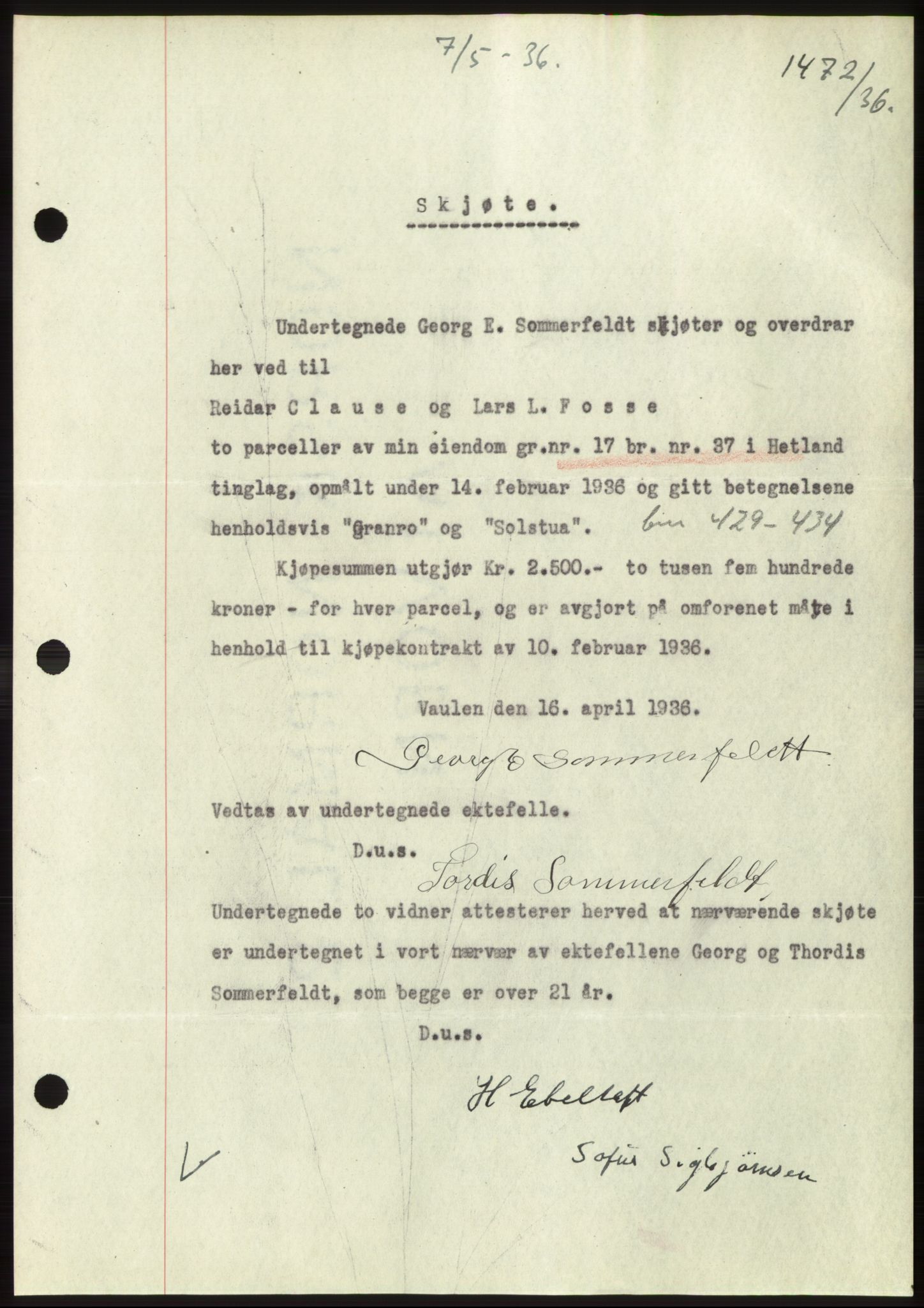 Jæren sorenskriveri, SAST/A-100310/03/G/Gba/L0065: Pantebok nr. 71, 1936-1936, Dagboknr: 1472/1936