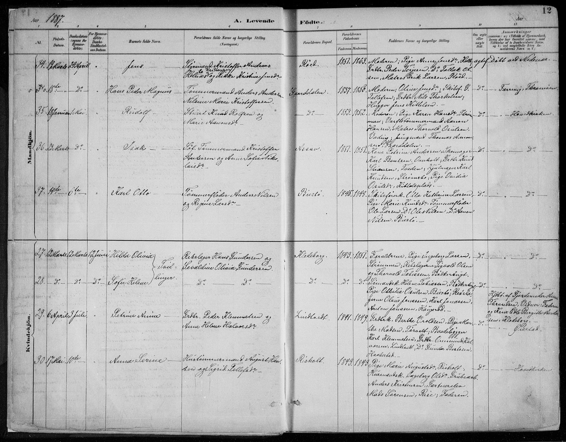 Øyestad sokneprestkontor, AV/SAK-1111-0049/F/Fa/L0017: Ministerialbok nr. A 17, 1887-1896, s. 12