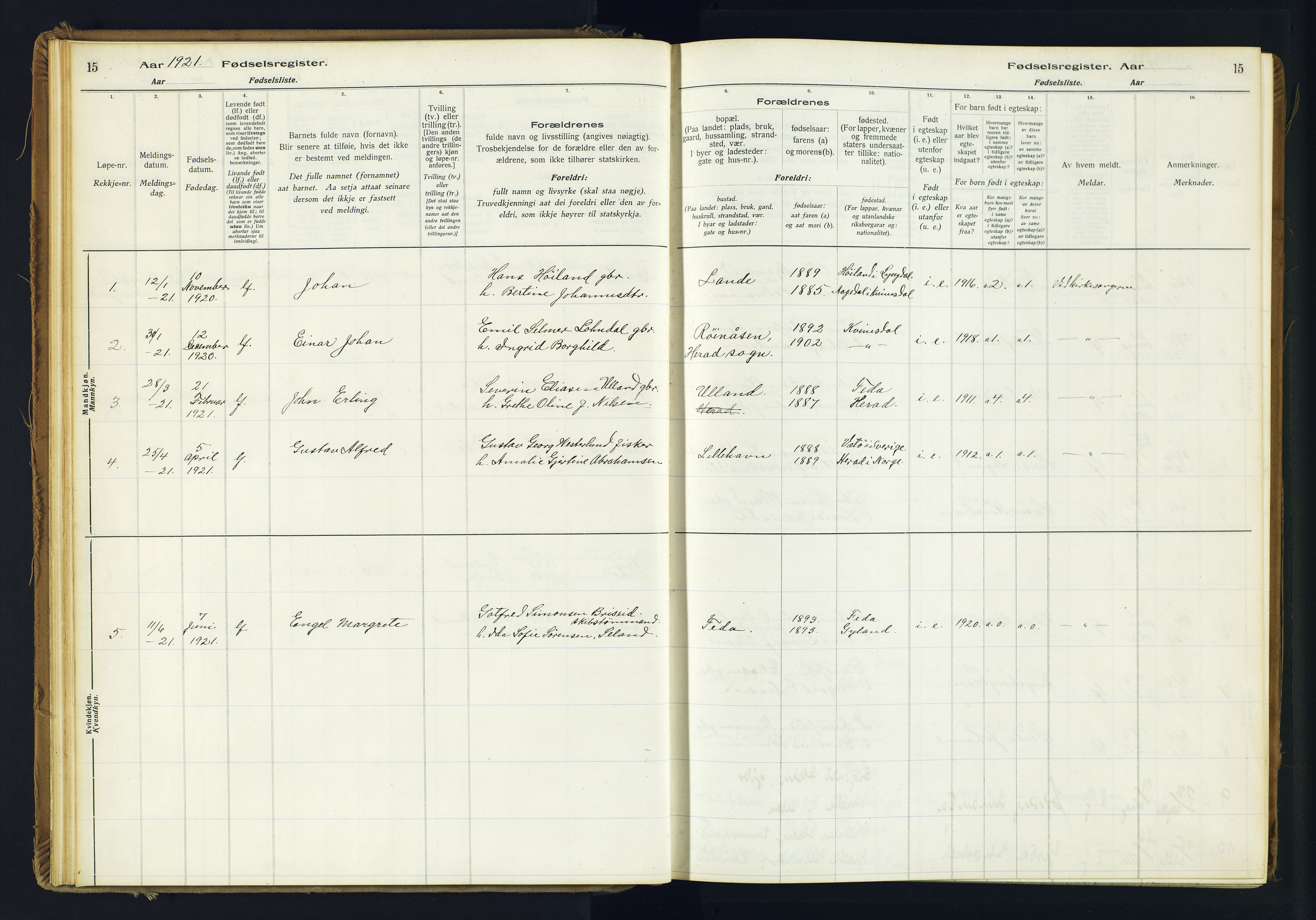 Kvinesdal sokneprestkontor, AV/SAK-1111-0026/J/Ja/L0005: Fødselsregister nr. 5, 1916-1982, s. 15
