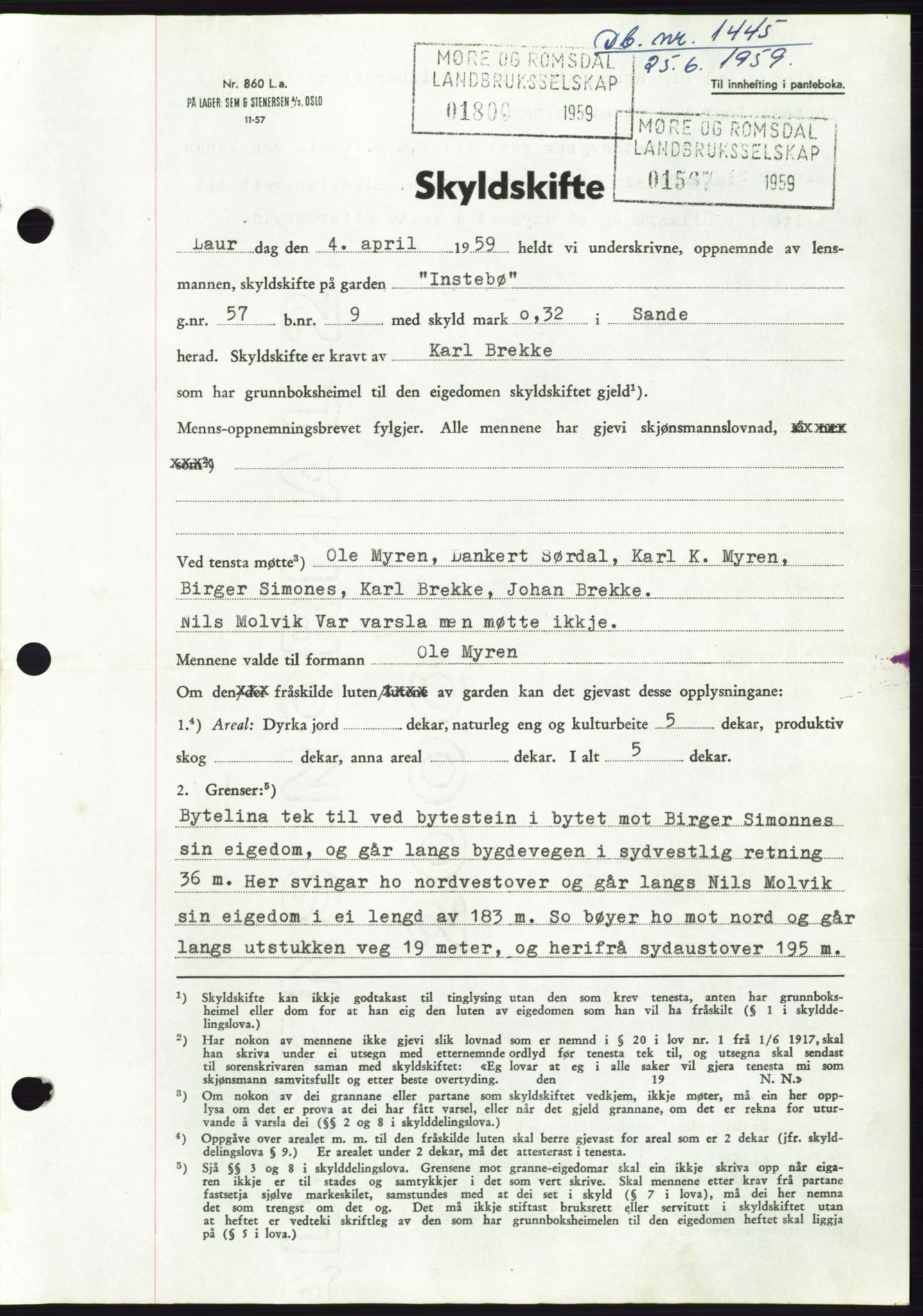 Søre Sunnmøre sorenskriveri, SAT/A-4122/1/2/2C/L0112: Pantebok nr. 38A, 1959-1959, Dagboknr: 1445/1959