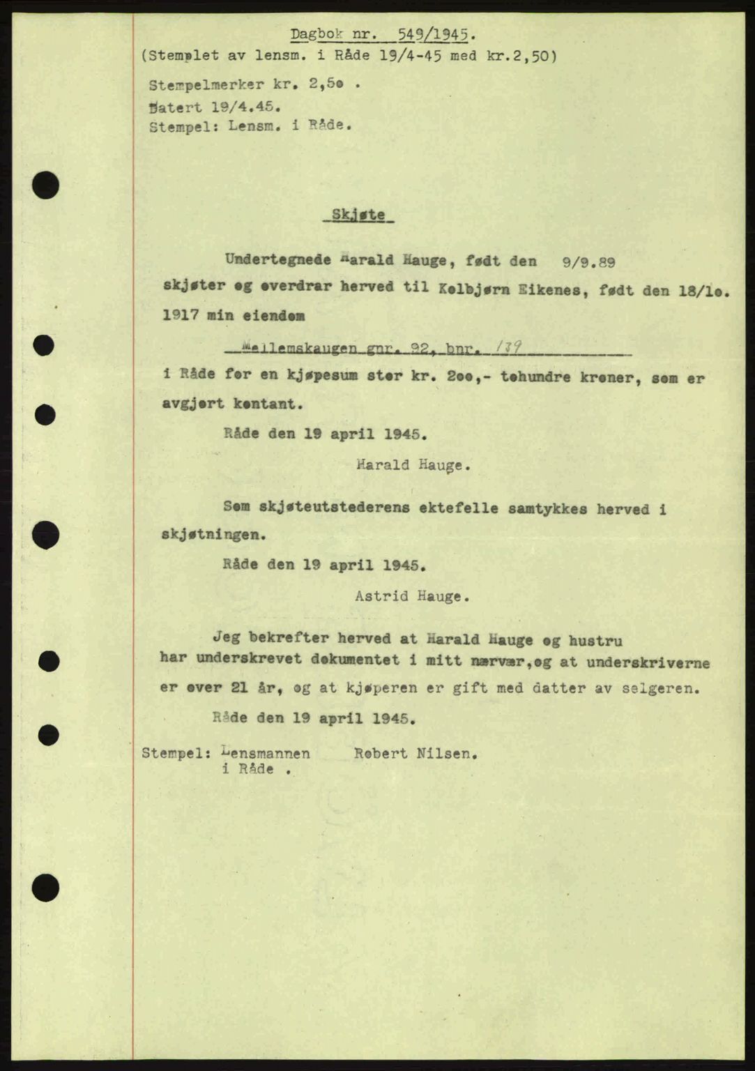 Moss sorenskriveri, SAO/A-10168: Pantebok nr. A13, 1944-1945, Dagboknr: 549/1945