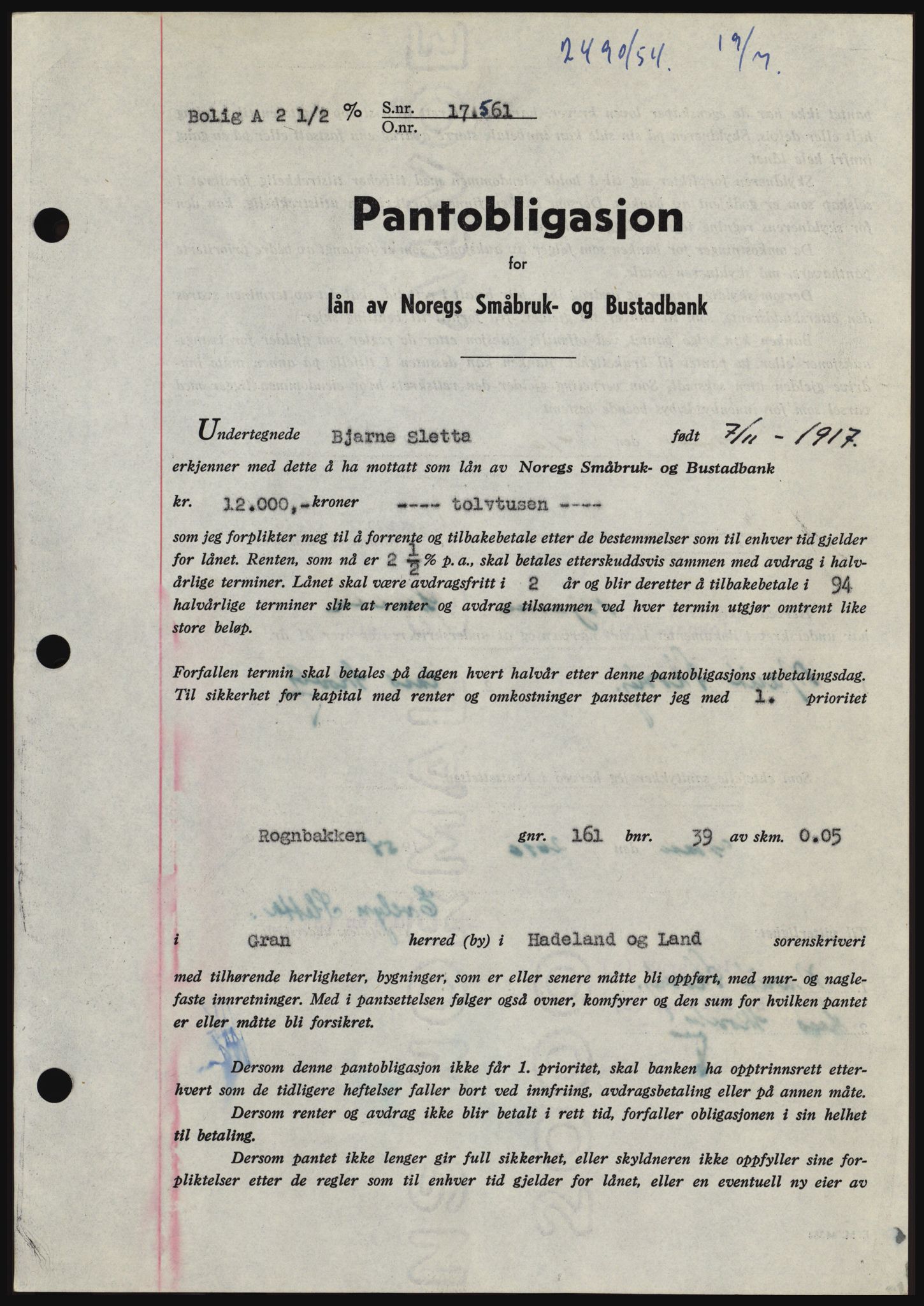 Hadeland og Land tingrett, SAH/TING-010/H/Hb/Hbc/L0030: Pantebok nr. B30, 1954-1954, Dagboknr: 2490/1954