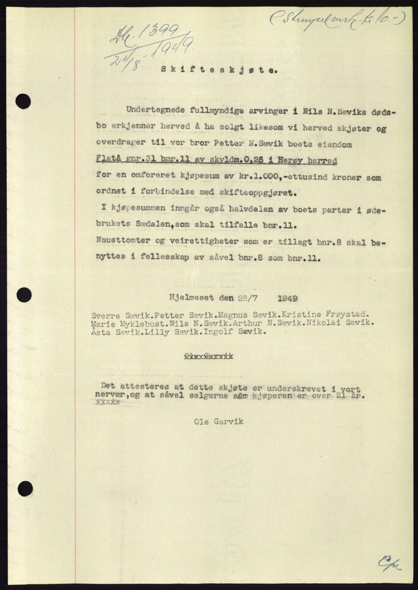 Søre Sunnmøre sorenskriveri, SAT/A-4122/1/2/2C/L0085: Pantebok nr. 11A, 1949-1949, Dagboknr: 1399/1949