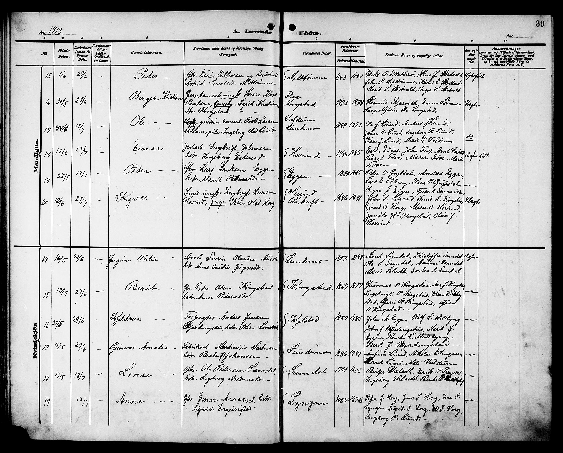 Ministerialprotokoller, klokkerbøker og fødselsregistre - Sør-Trøndelag, AV/SAT-A-1456/692/L1112: Klokkerbok nr. 692C07, 1904-1918, s. 39