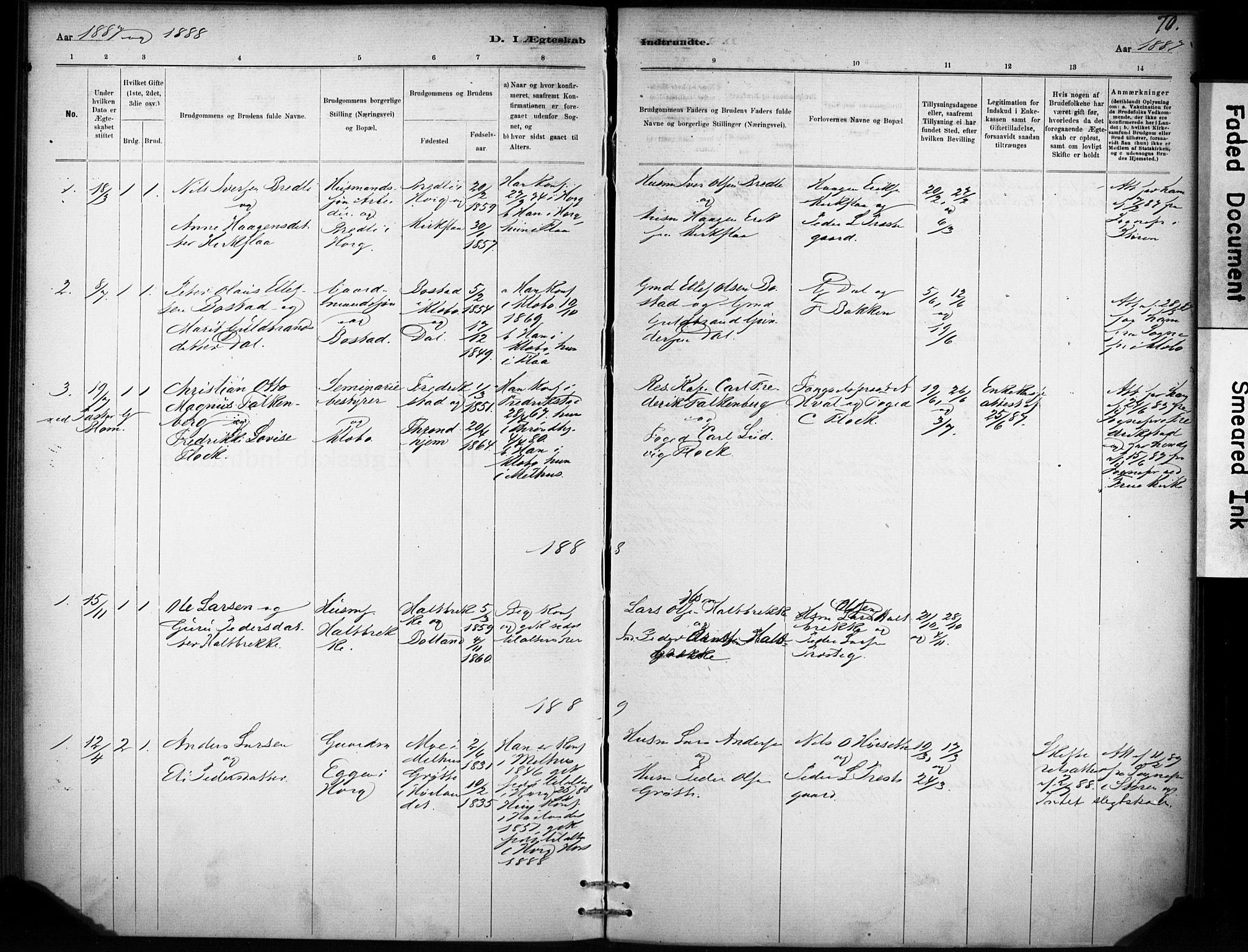 Ministerialprotokoller, klokkerbøker og fødselsregistre - Sør-Trøndelag, AV/SAT-A-1456/693/L1119: Ministerialbok nr. 693A01, 1887-1905, s. 70