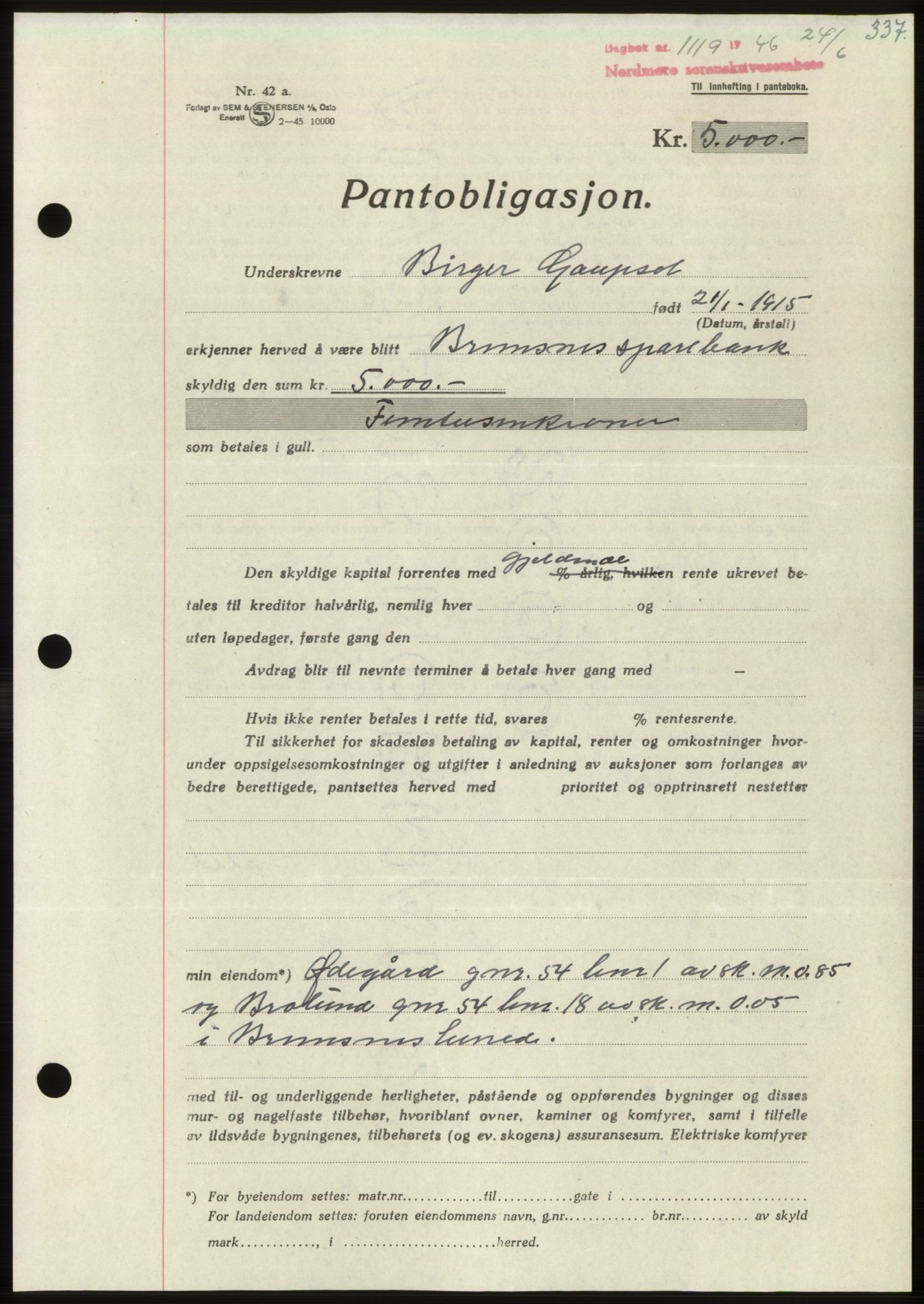 Nordmøre sorenskriveri, SAT/A-4132/1/2/2Ca: Pantebok nr. B94, 1946-1946, Dagboknr: 1119/1946