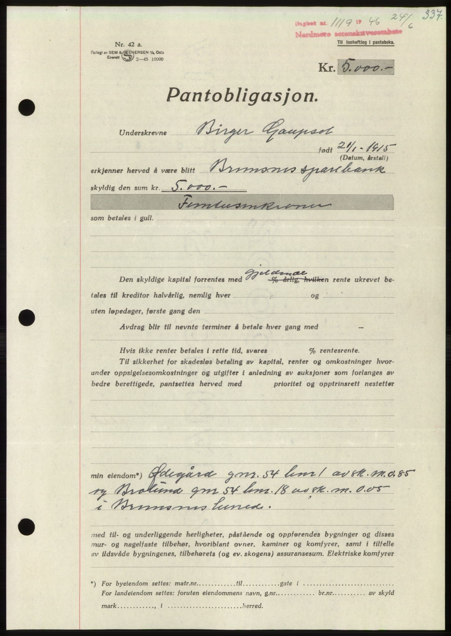 Nordmøre sorenskriveri, AV/SAT-A-4132/1/2/2Ca: Pantebok nr. B94, 1946-1946, Dagboknr: 1119/1946