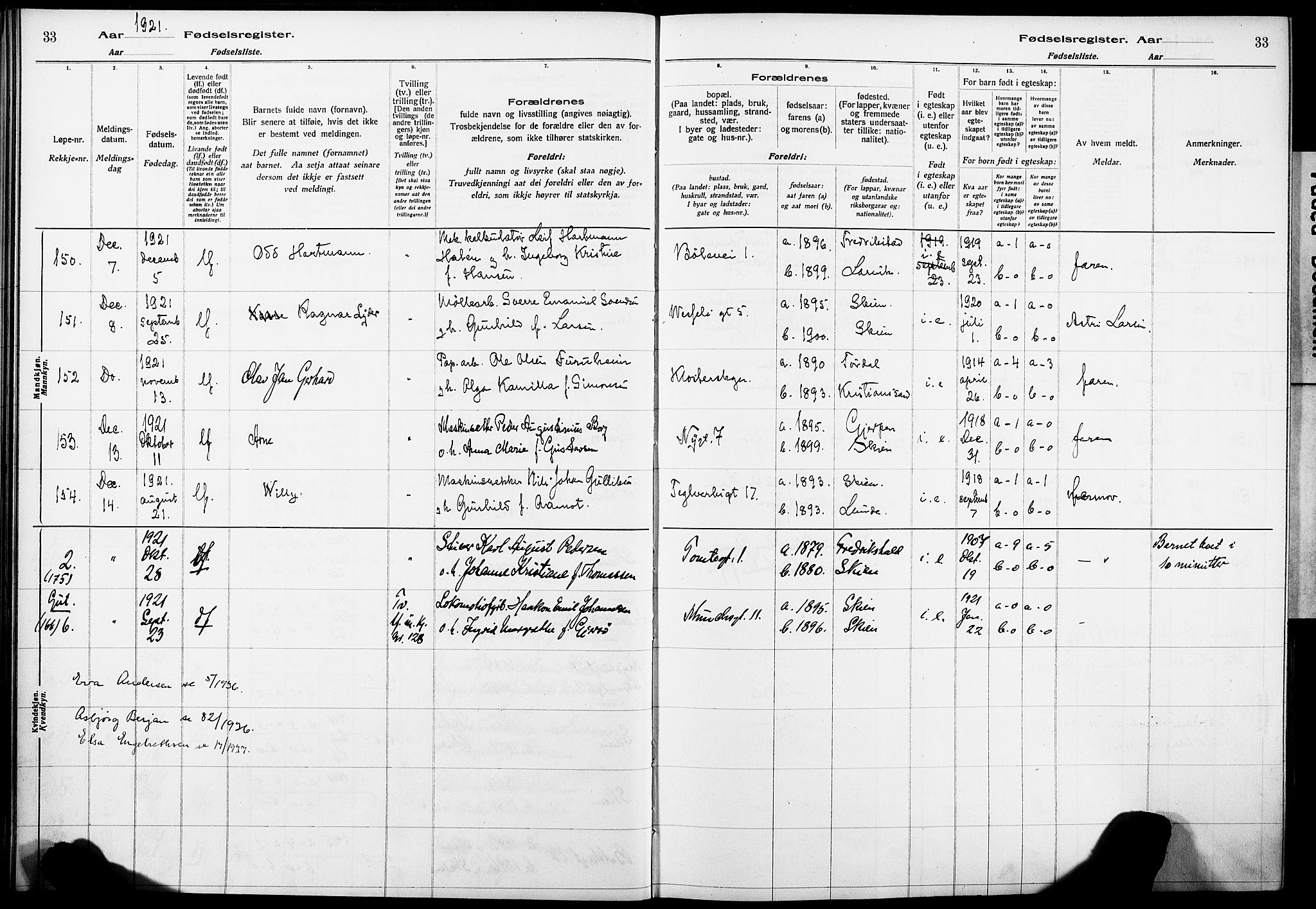 Skien kirkebøker, AV/SAKO-A-302/J/Ja/L0002: Fødselsregister nr. 2, 1921-1927, s. 33