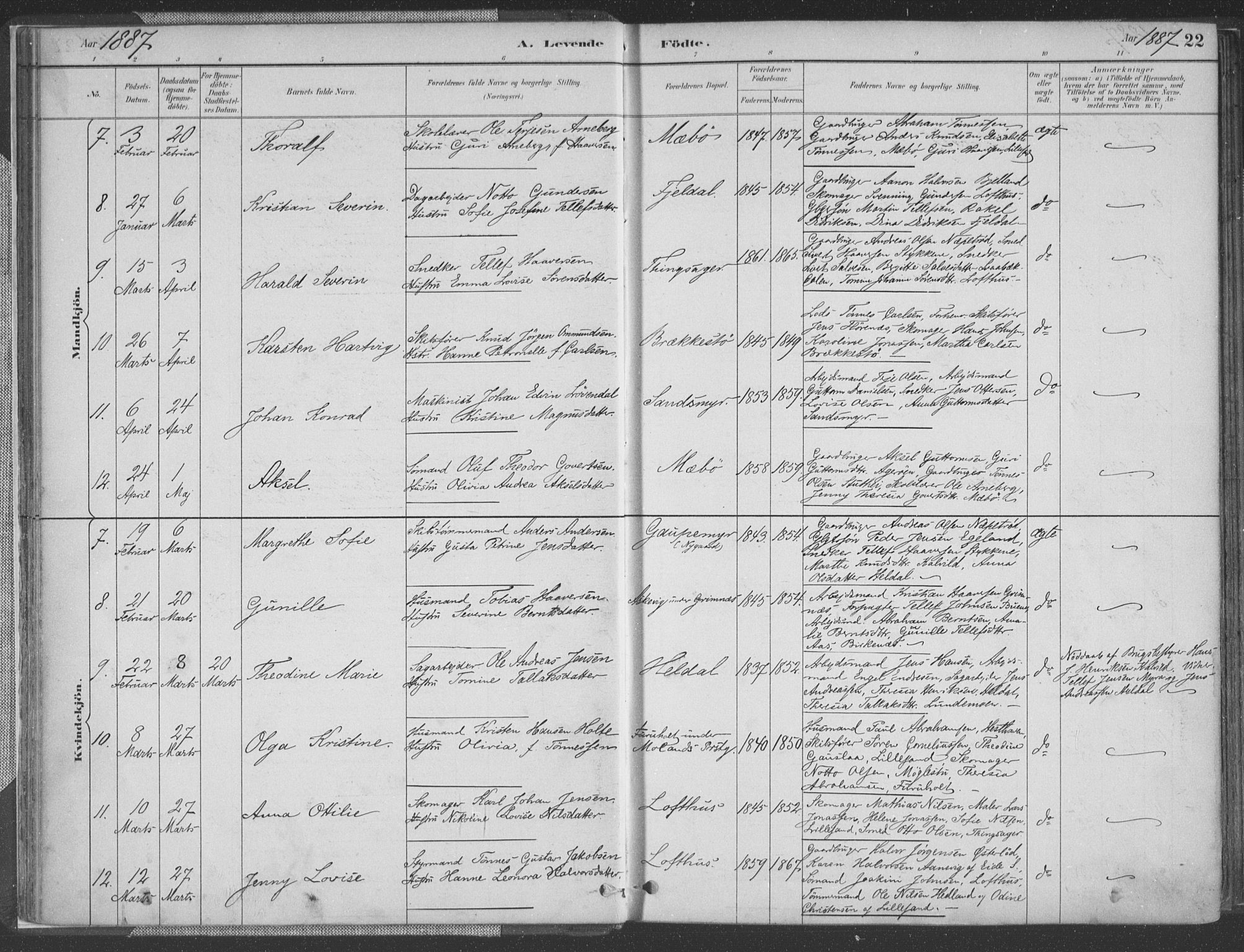 Vestre Moland sokneprestkontor, AV/SAK-1111-0046/F/Fa/Fab/L0009: Ministerialbok nr. A 9, 1884-1899, s. 22