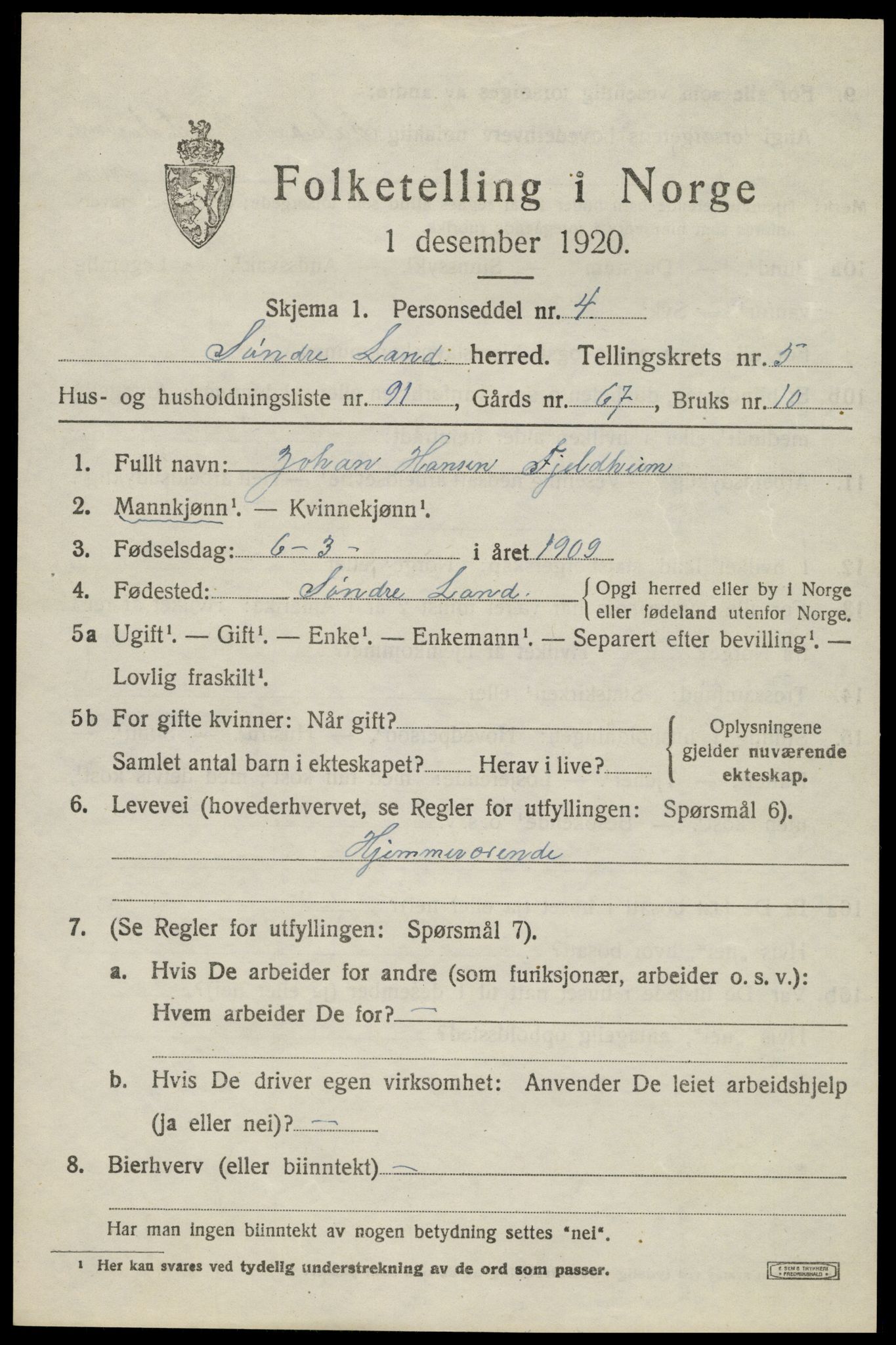 SAH, Folketelling 1920 for 0536 Søndre Land herred, 1920, s. 6223