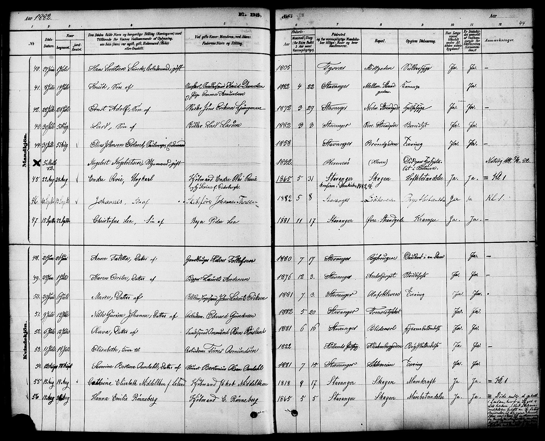 Domkirken sokneprestkontor, AV/SAST-A-101812/001/30/30BA/L0027: Ministerialbok nr. A 26, 1878-1896, s. 44