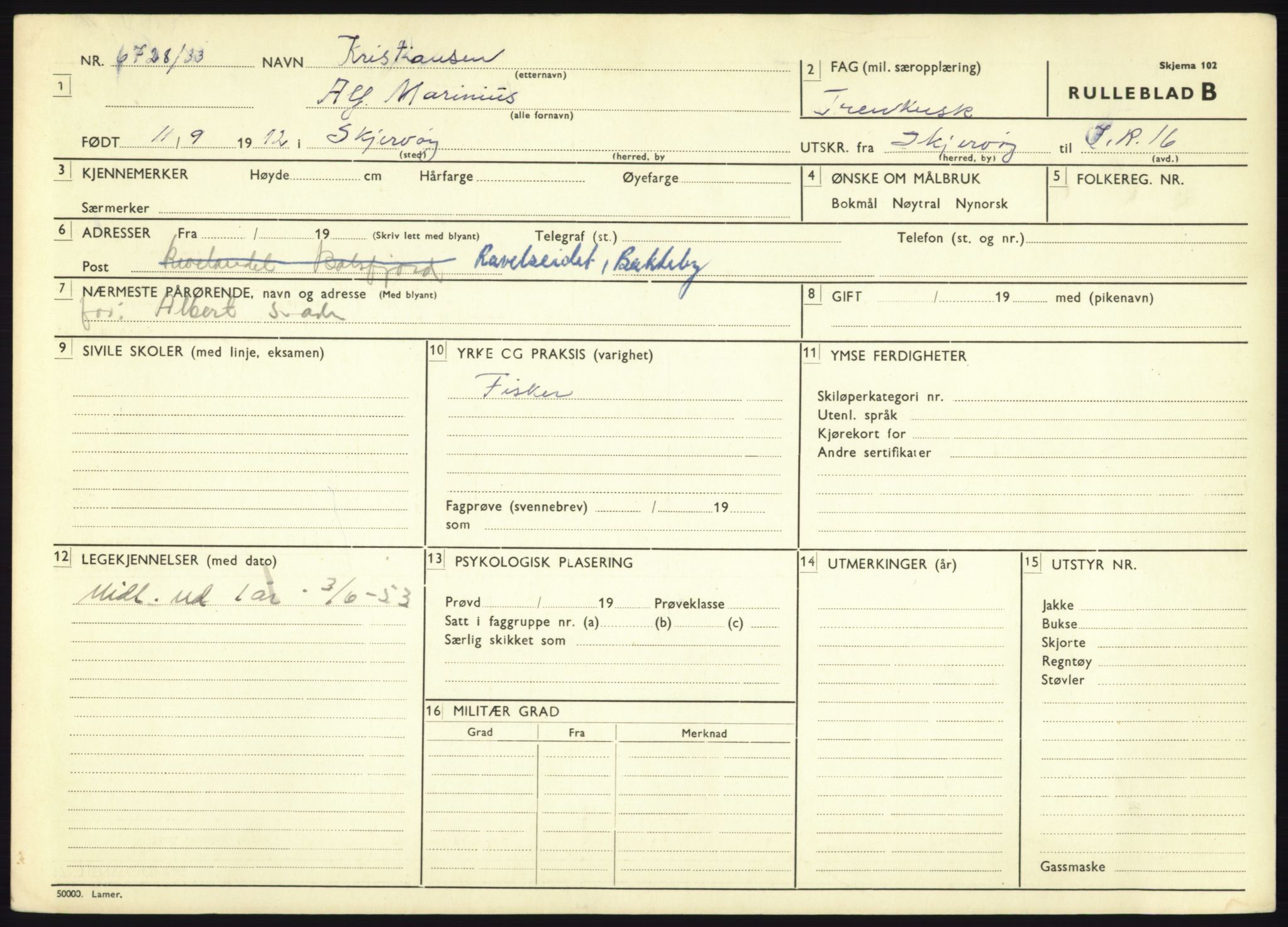 Forsvaret, Troms infanteriregiment nr. 16, AV/RA-RAFA-3146/P/Pa/L0017: Rulleblad for regimentets menige mannskaper, årsklasse 1933, 1933, s. 727