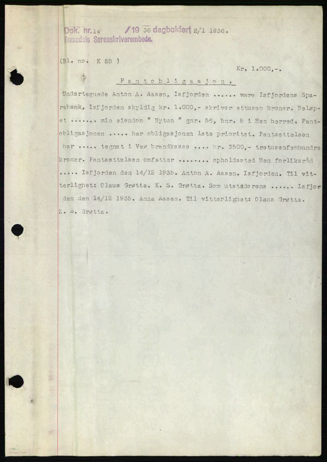 Romsdal sorenskriveri, SAT/A-4149/1/2/2C: Pantebok nr. B1, 1936-1939, Dagboknr: 14/1936
